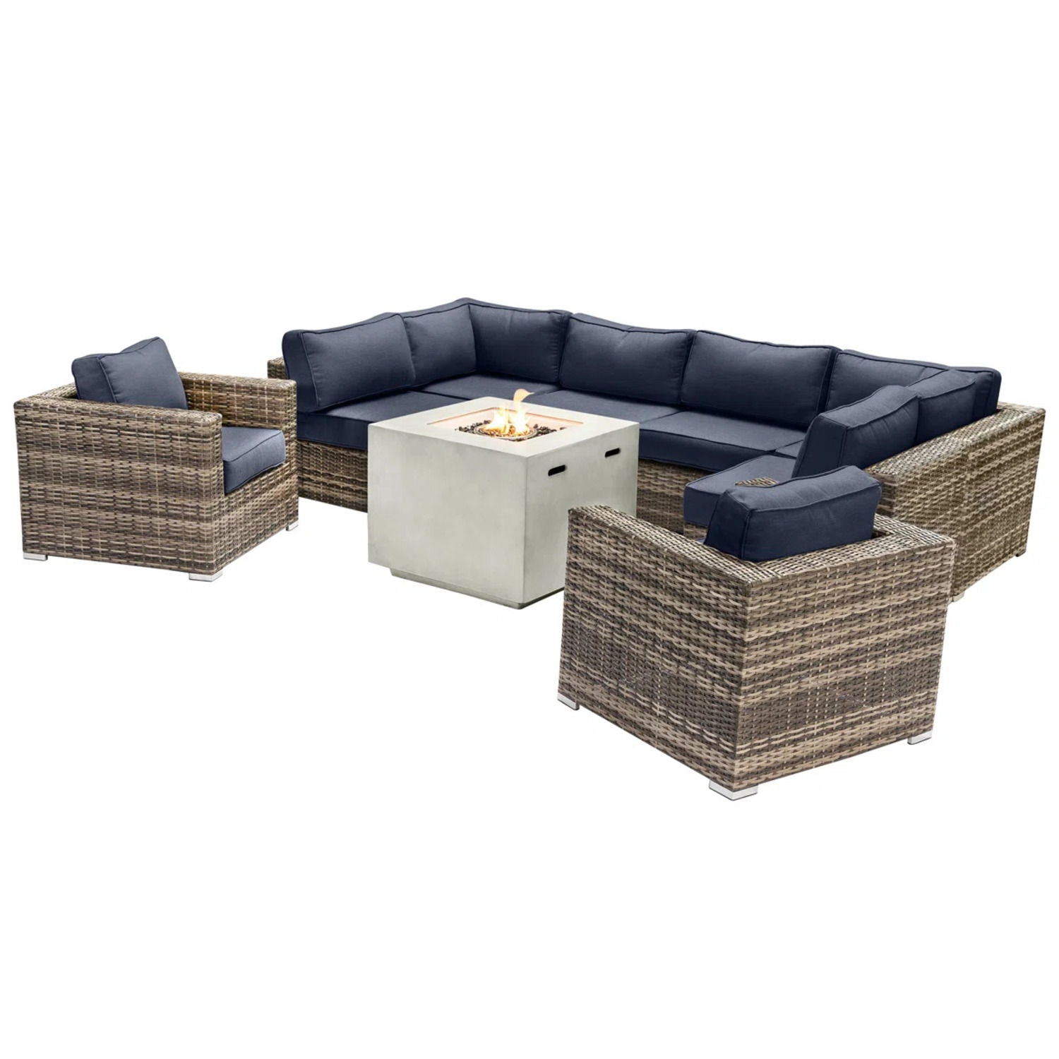 Premium 6 Person Wicker Patio Seating Group With Deep Cushions And Concrete Fire Pit - Gray Mix - Best Buy Furniture