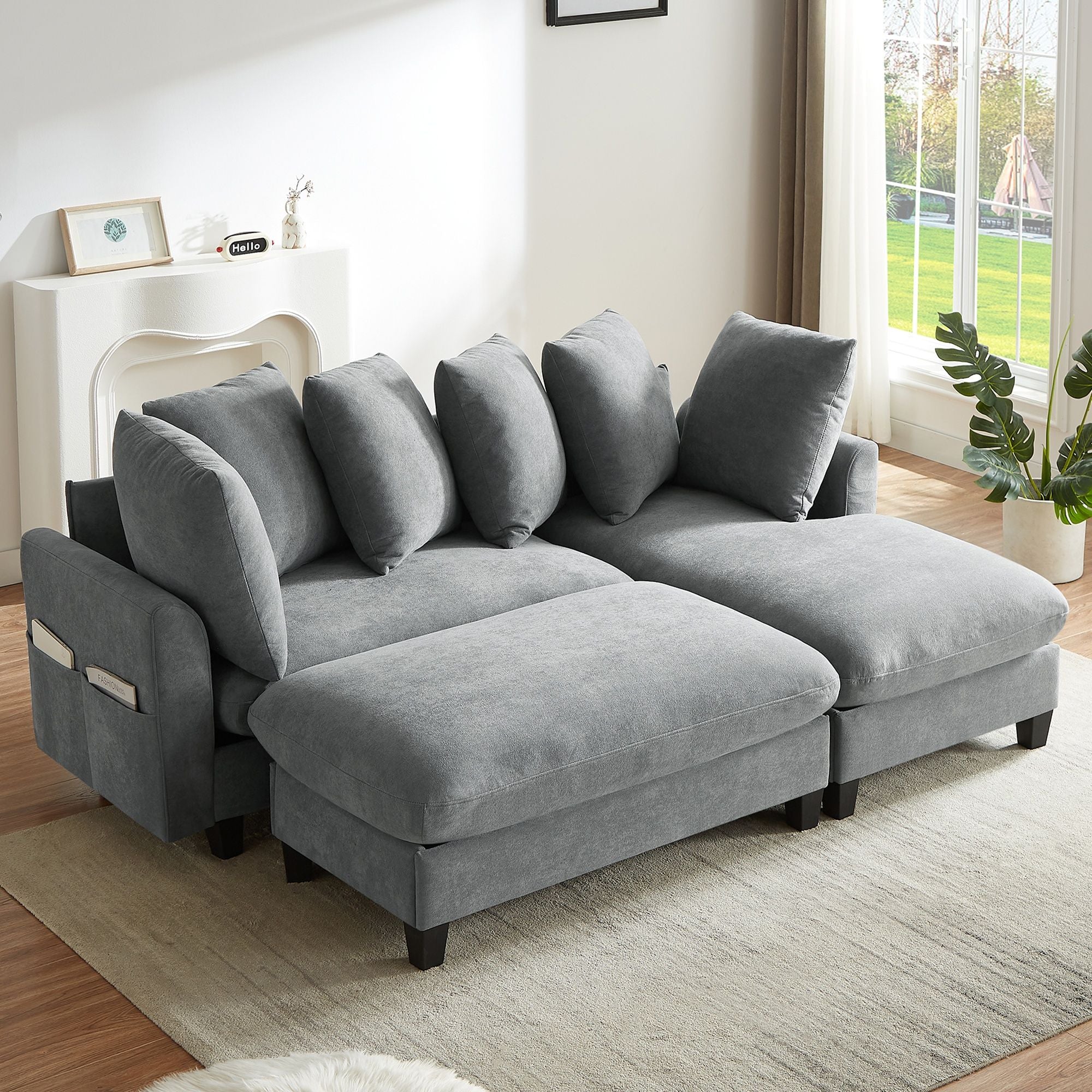 Upholstered L Shaped Sectional Sofa With Storage, Movable Ottoman, And 6 Throw Pillows - Best Buy Furniture