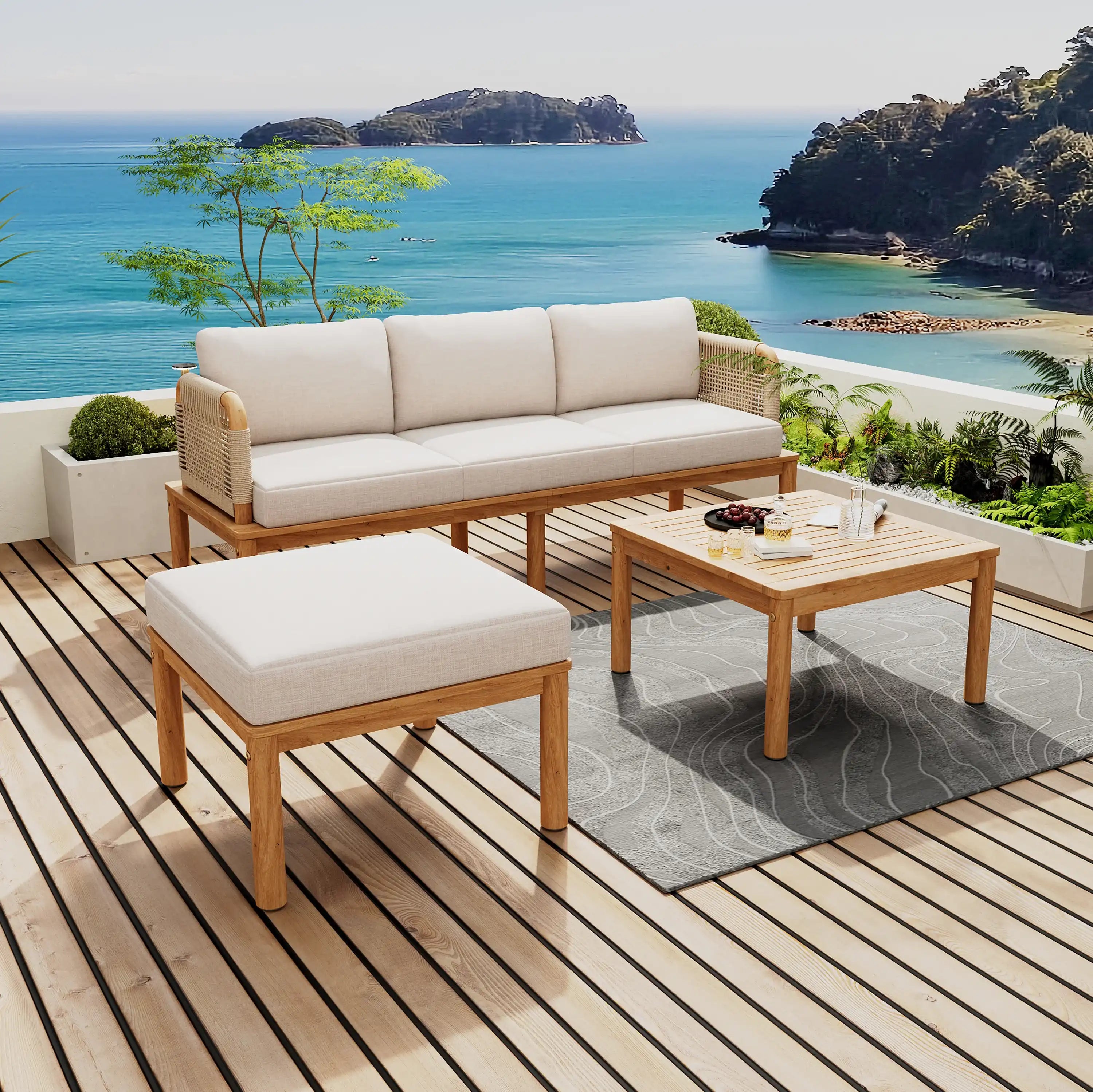 Outdoor 3-piece Acacia Wood and Rope Patio Sofa Set - Best Buy Furniture