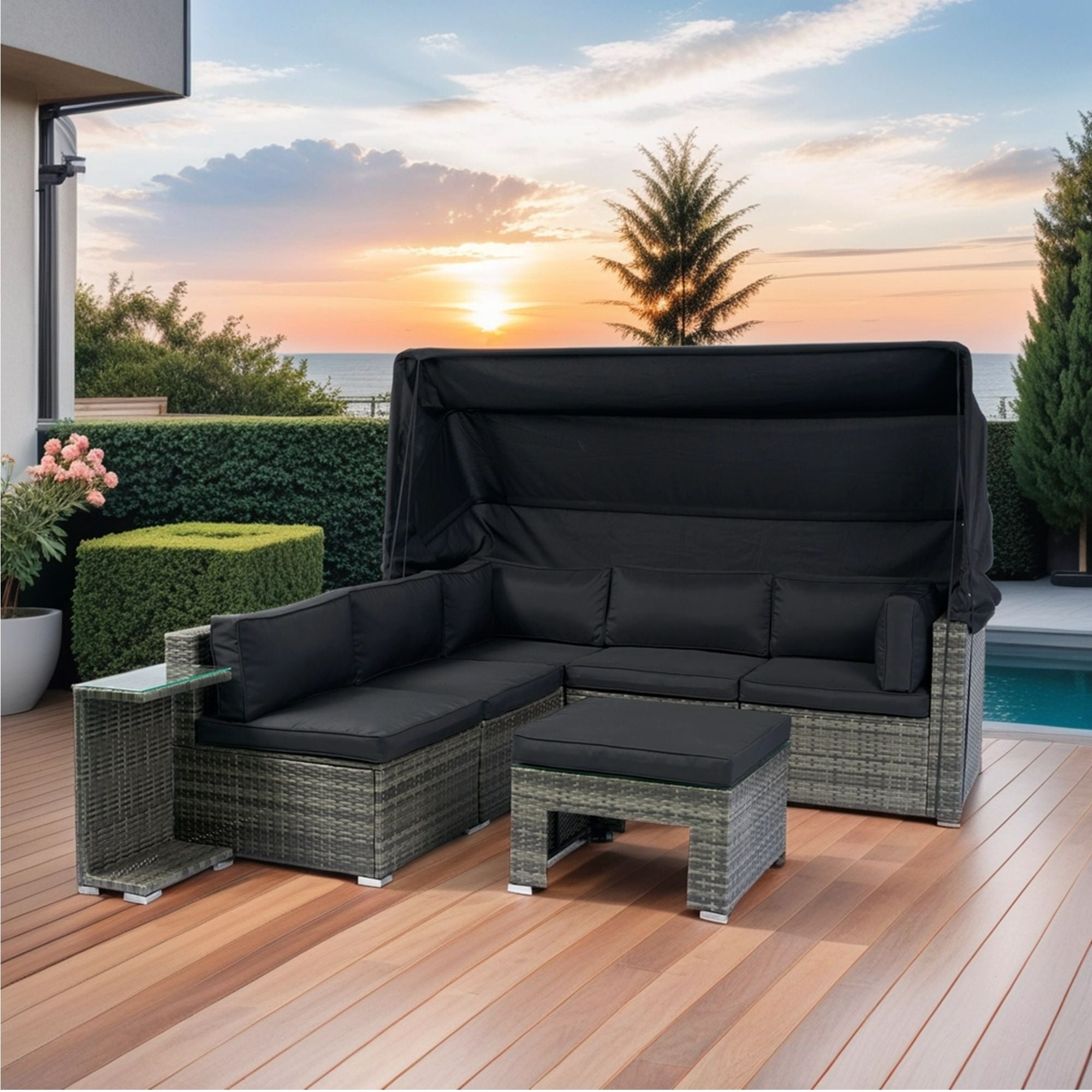 7 Piece Patio Furniture Set With Retractable Canopy Wicker Rattan Sectional Sofa Set Patio Furniture With Washable Cushions For Lawn, Garden, Backyard, Poolside Wicker And Cushion - Gray / Black - Best Buy Furniture