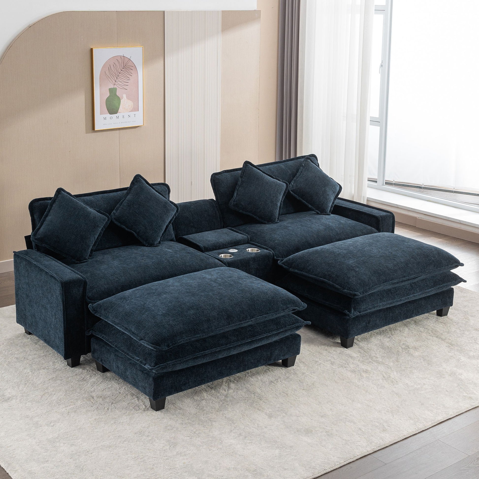 Sectional Sofa Chenille Upholstered Sofa With Two Removable Ottoman, Two USB Ports, Two Cup Holders And Large Storage Box For Living Room - Best Buy Furniture