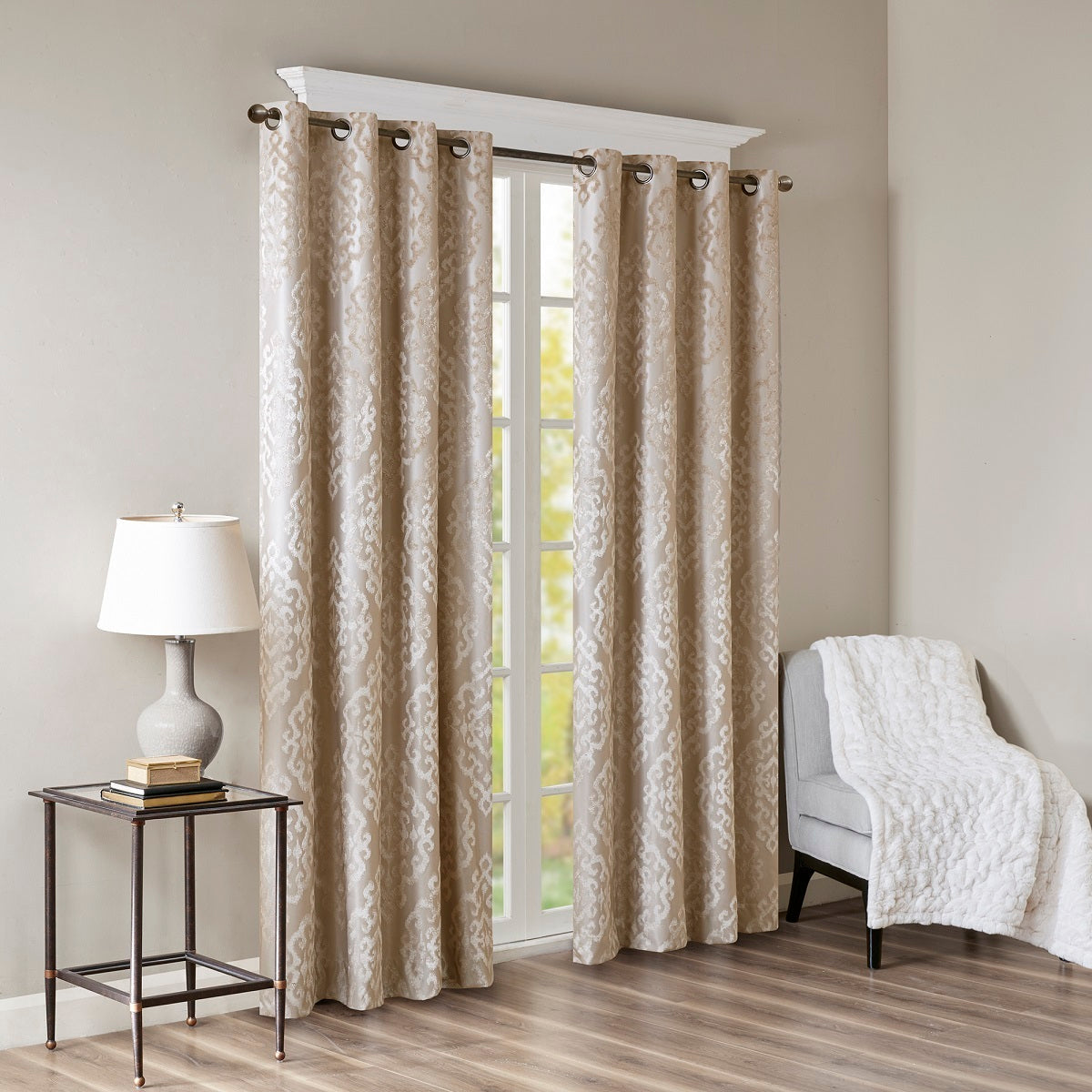 Knitted jacquard damask total blackout grommet top curtain panel (only 1 pc panel)