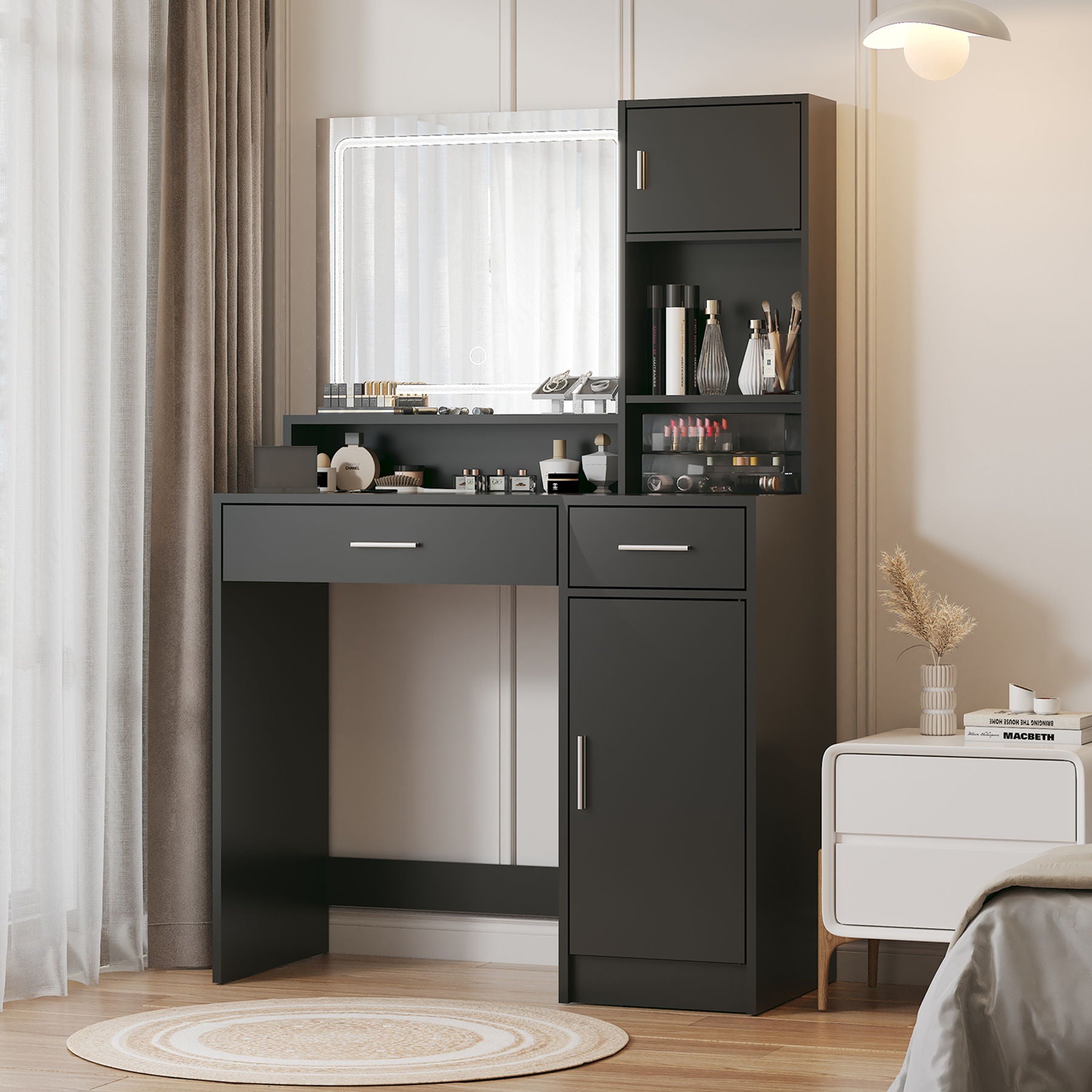 Vanity Desk With Mirror And LED Light Strip, Dressing Table With Large Drawer, 3 Level Storage Dresser & 3 Lighting Modes Adjustable Brightness, Suitable For Bedroom - Best Buy Furniture