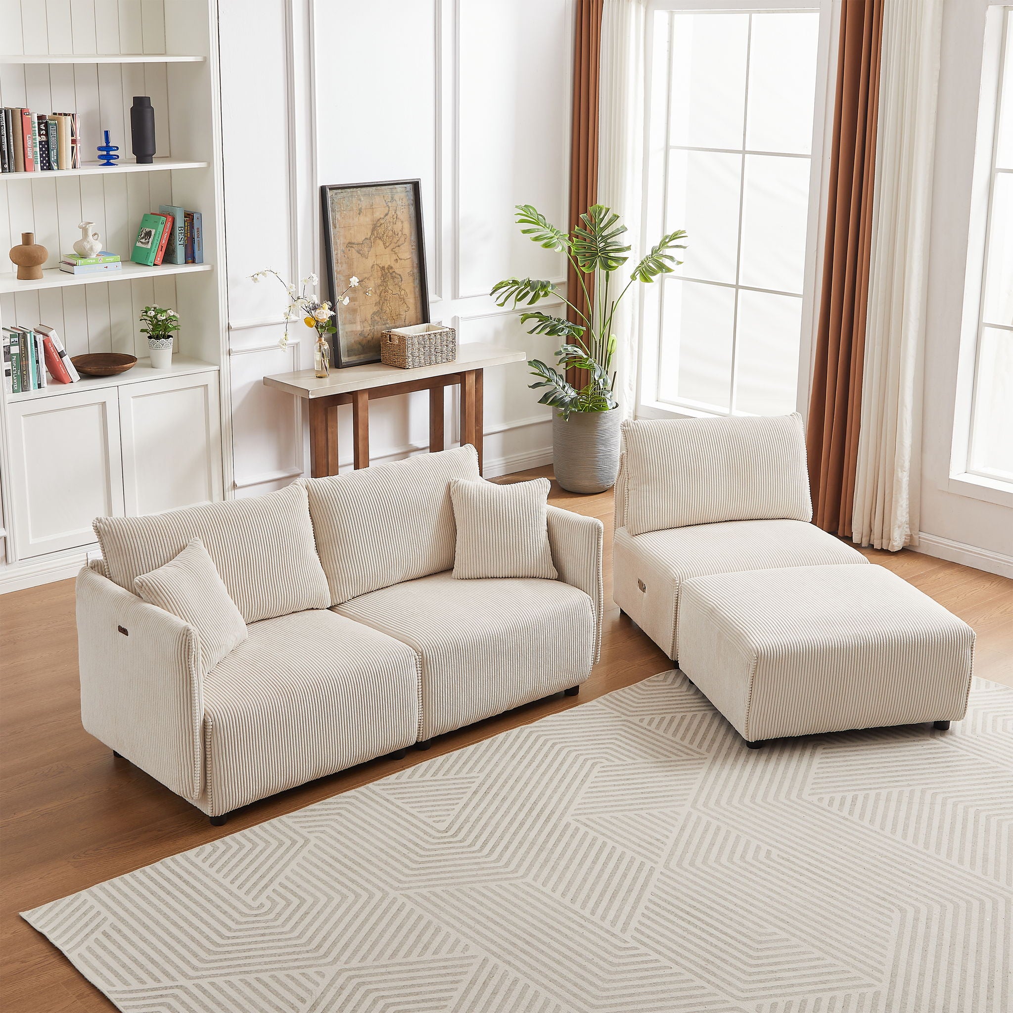 Modern Minimalist Corduroy Combination Sofa With 2 Comfort Cushions With USB & C Charging Ports - Best Buy Furniture