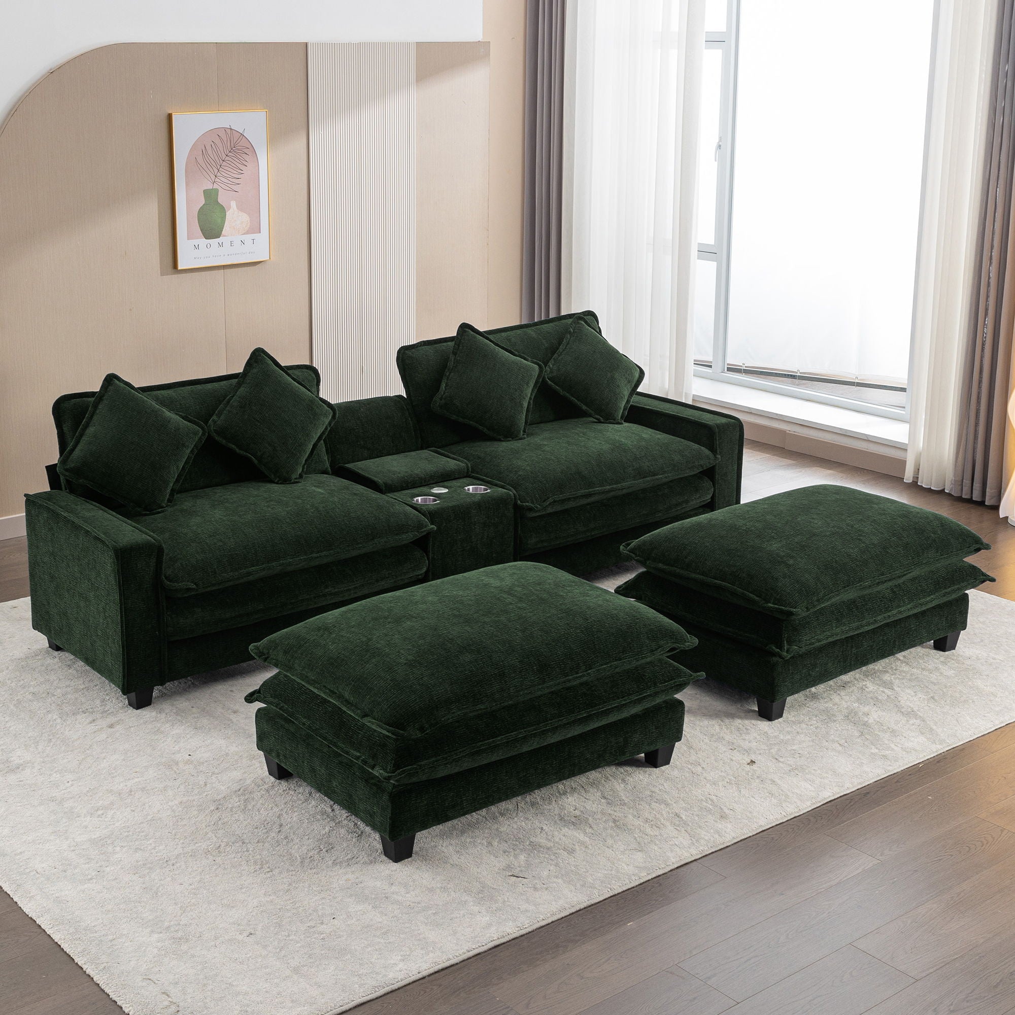 Sectional Sofa Chenille Upholstered Sofa With Two Removable Ottoman, Two USB Ports, Two Cup Holders And Large Storage Box For Living Room - Best Buy Furniture