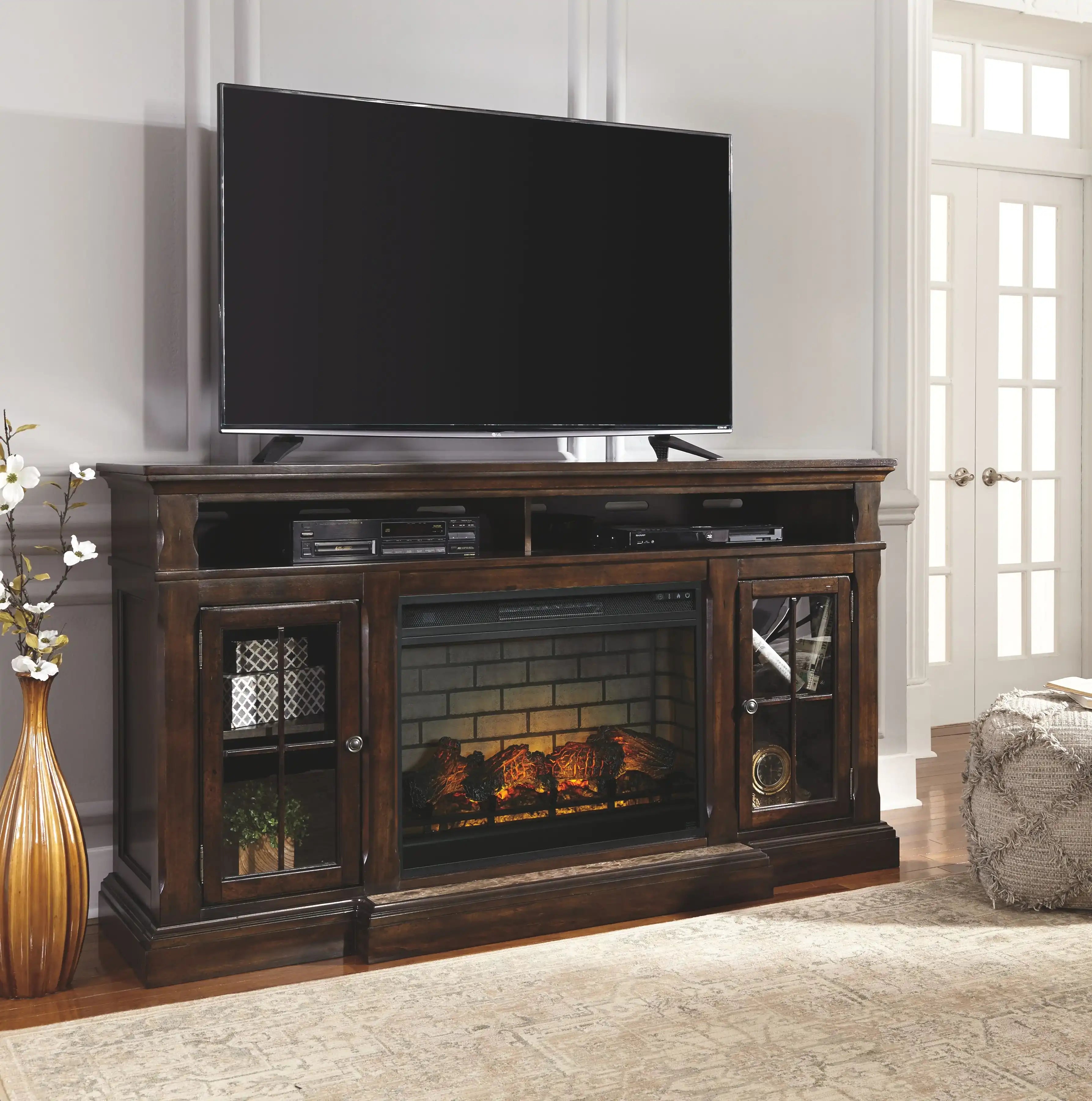 Roddinton - 2 Pc. - 74" TV Stand with Electric Infrared Fireplace Insert - Dark Brown - Best Buy Furniture