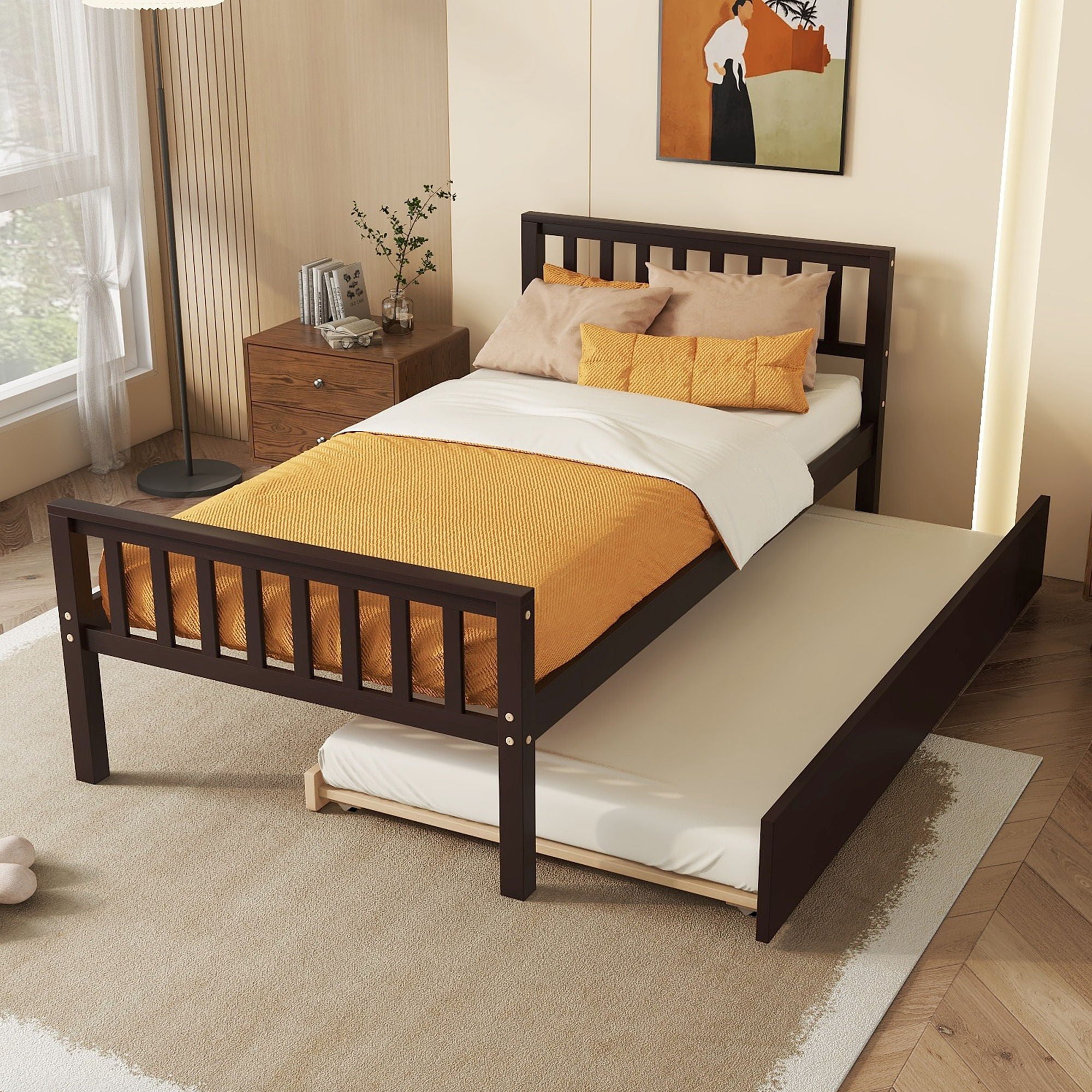 Twin Bed With Trundle, Platform Bed Frame With Headboard And Footboard, For Bedroom Small Living Space, No Box Spring Needed - Best Buy Furniture