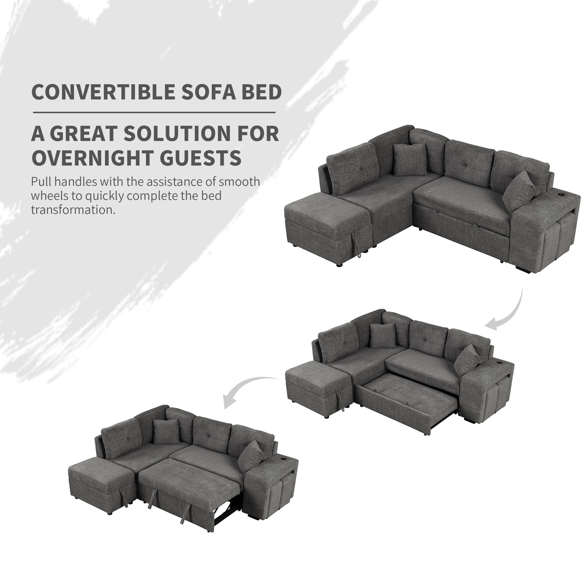 Convertible Sleeper, Sectional Pull Out Sofa Bed With Storage Ottoman, 2 Throw Pillows, 2 Stools, Wireless Charger And Two Hidden USB Ports For Living Room - Best Buy Furniture