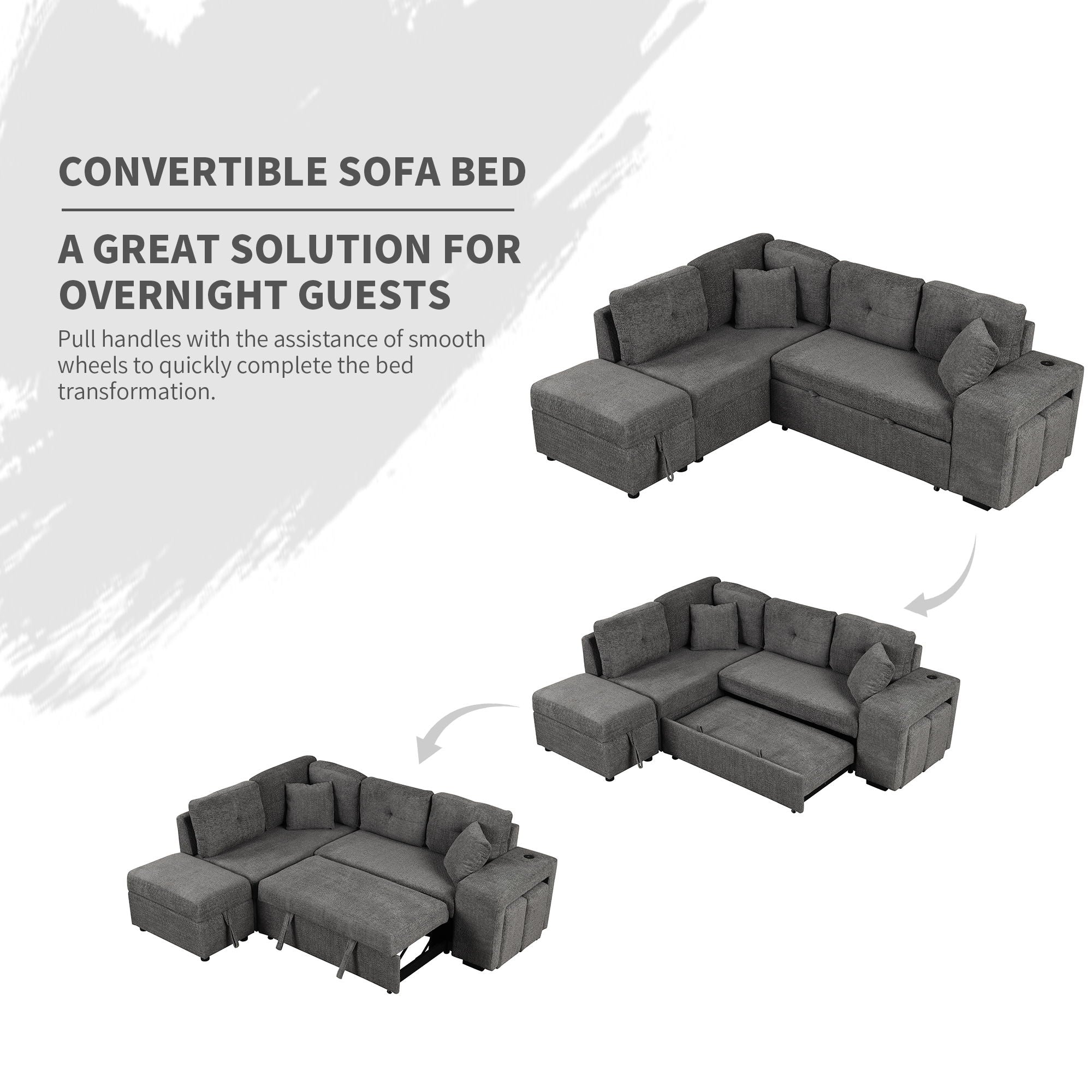 Convertible Sleeper, Sectional Pull Out Sofa Bed With Storage Ottoman, 2 Throw Pillows, 2 Stools, Wireless Charger And Two Hidden USB Ports For Living Room - Best Buy Furniture