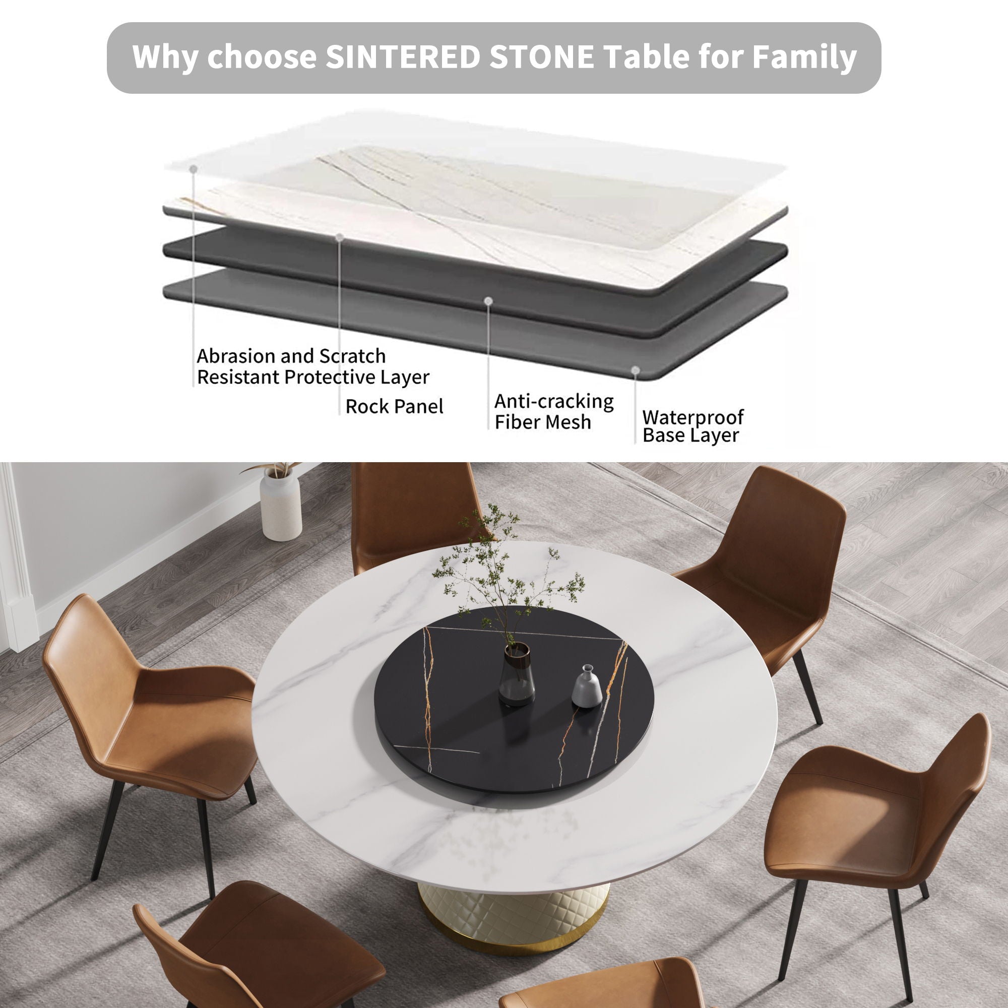Modern Artificial Stone Round Carbon Steel Base Dining Table, Artificial Stone Turntable - Best Buy Furniture