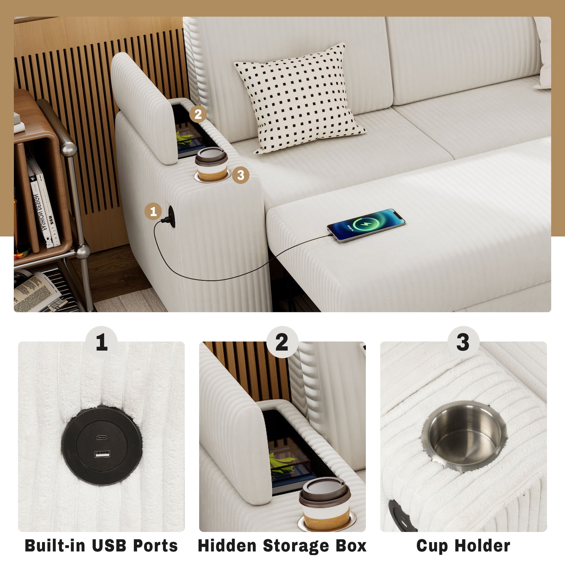 Pull-Out L-Shaped Sectional Sofa With Movable Ottoman And Stool, Large Storage Space, A Cup Holder, And 2 USB Ports For Living Room - Best Buy Furniture