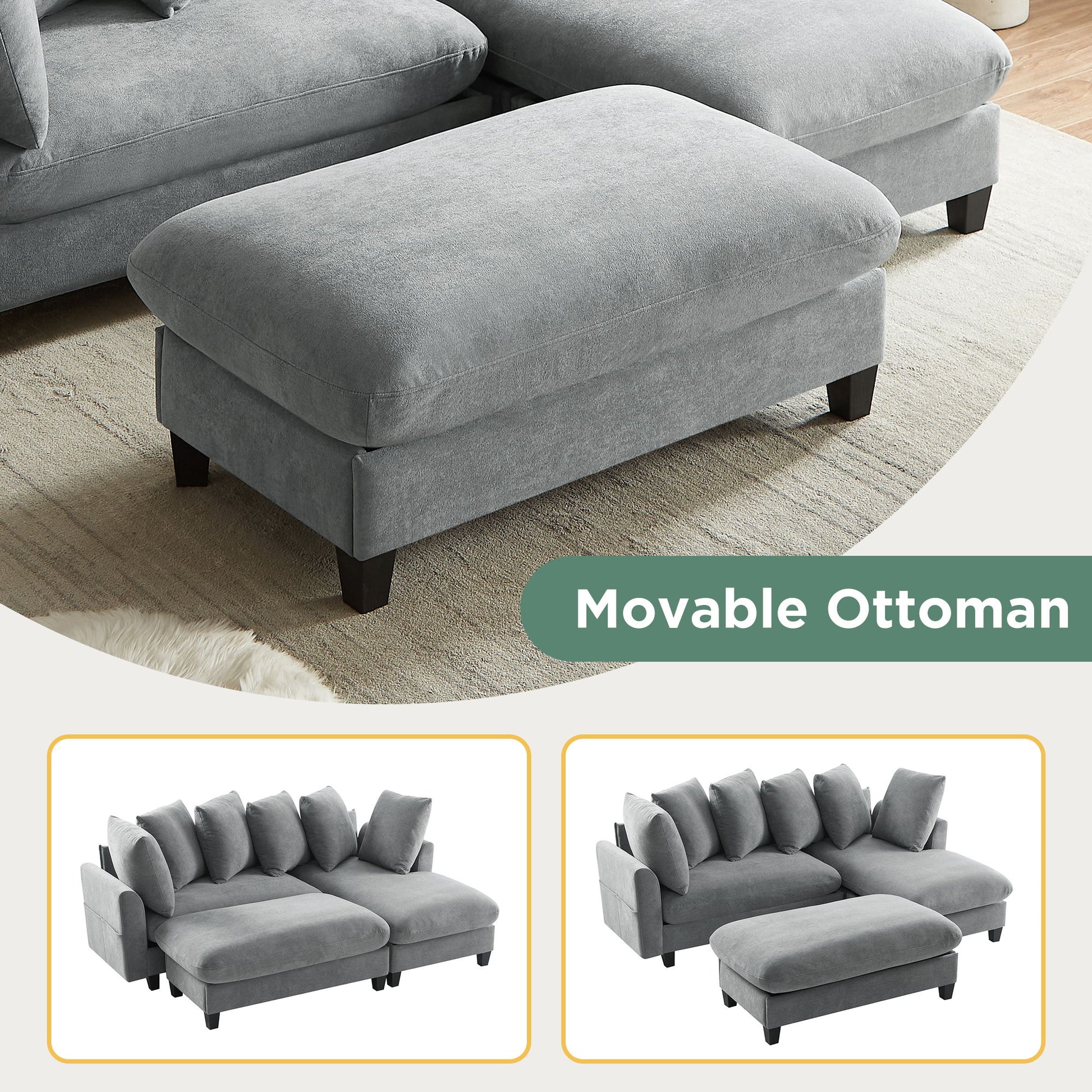 Upholstered L Shaped Sectional Sofa With Storage, Movable Ottoman, And 6 Throw Pillows - Best Buy Furniture