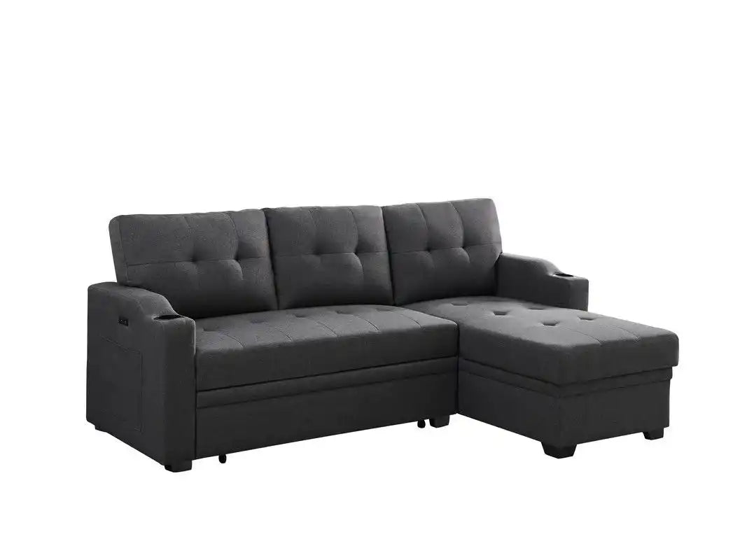 Mabel - Linen Fabric Sleeper Sectional With Cupholder, USB Charging Port And Pocket - Best Buy Furniture