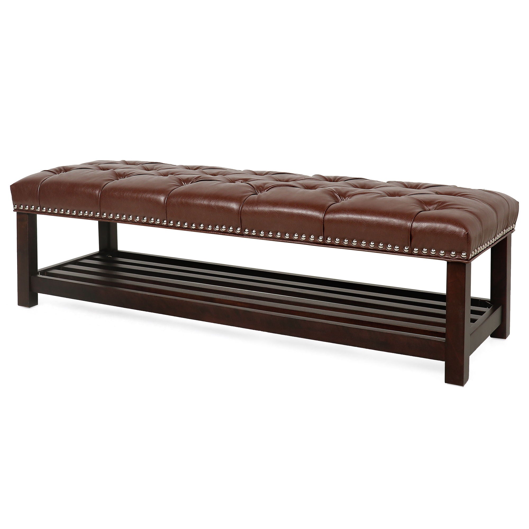 Bedroom End Of Bed Bench Tufted Upholstered End Of Bed Bench End Of Bed Entrance Shoe Bench With Nailhead Trim And Shelf Bedroom Upholstered Leather Bench Living Room Shoe Rack Footstool - Best Buy Furniture