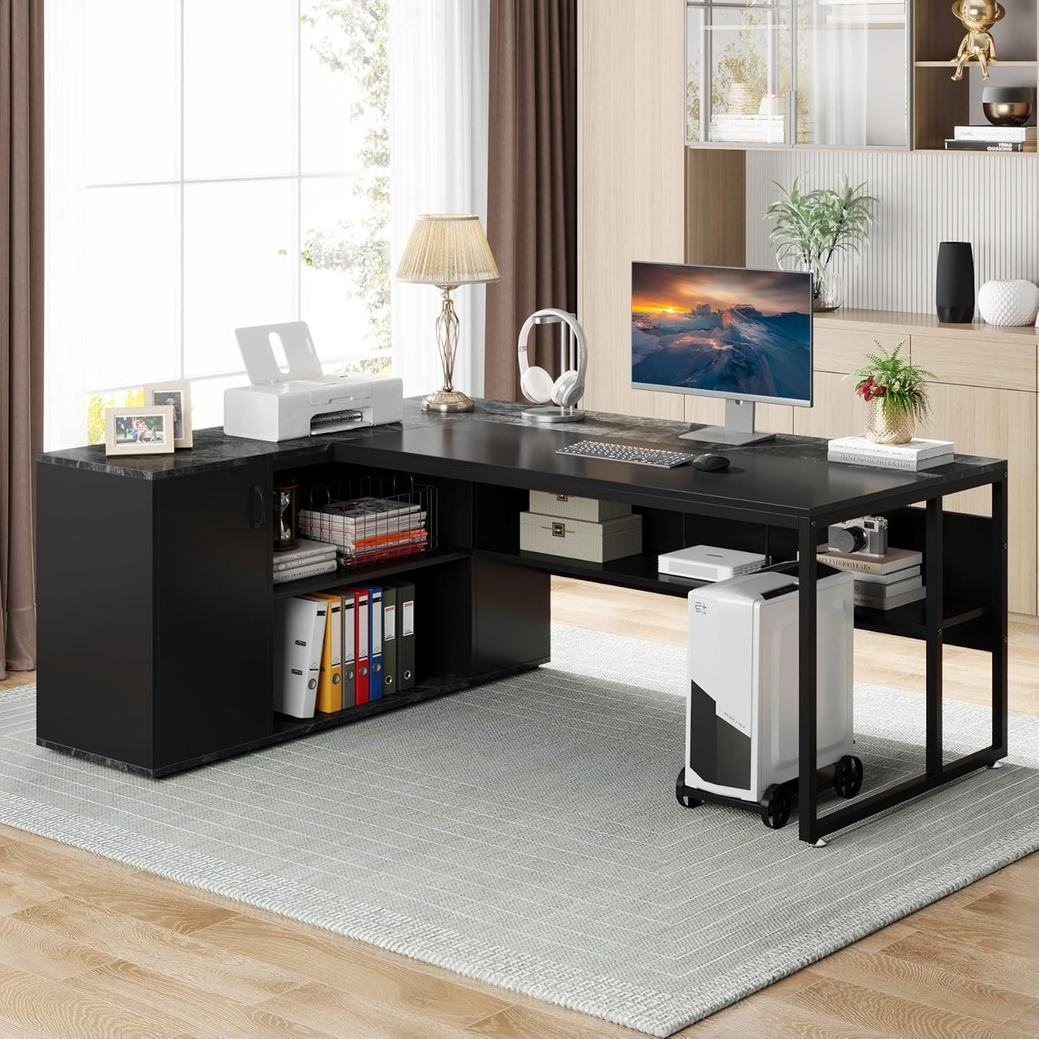 Modern Shaped Executive Desk with Storage Cabinet & Shelves, Large Industrial Home Office Computer Desk, Business Workstation with Printer Cabinet & CPU Stand, Black - Best Buy Furniture