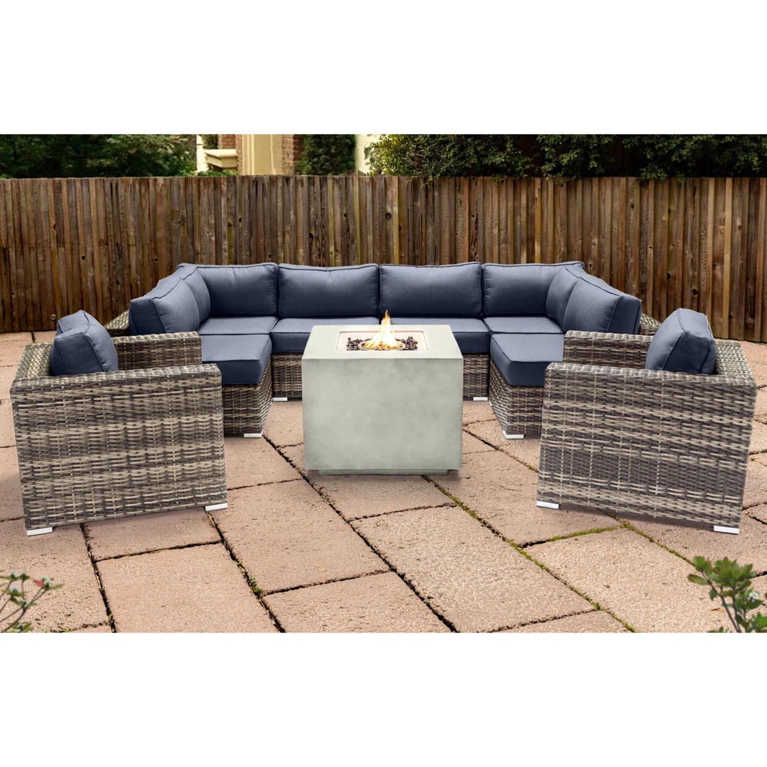 Premium 6 Person Wicker Patio Seating Group With Deep Cushions And Concrete Fire Pit - Gray Mix - Best Buy Furniture