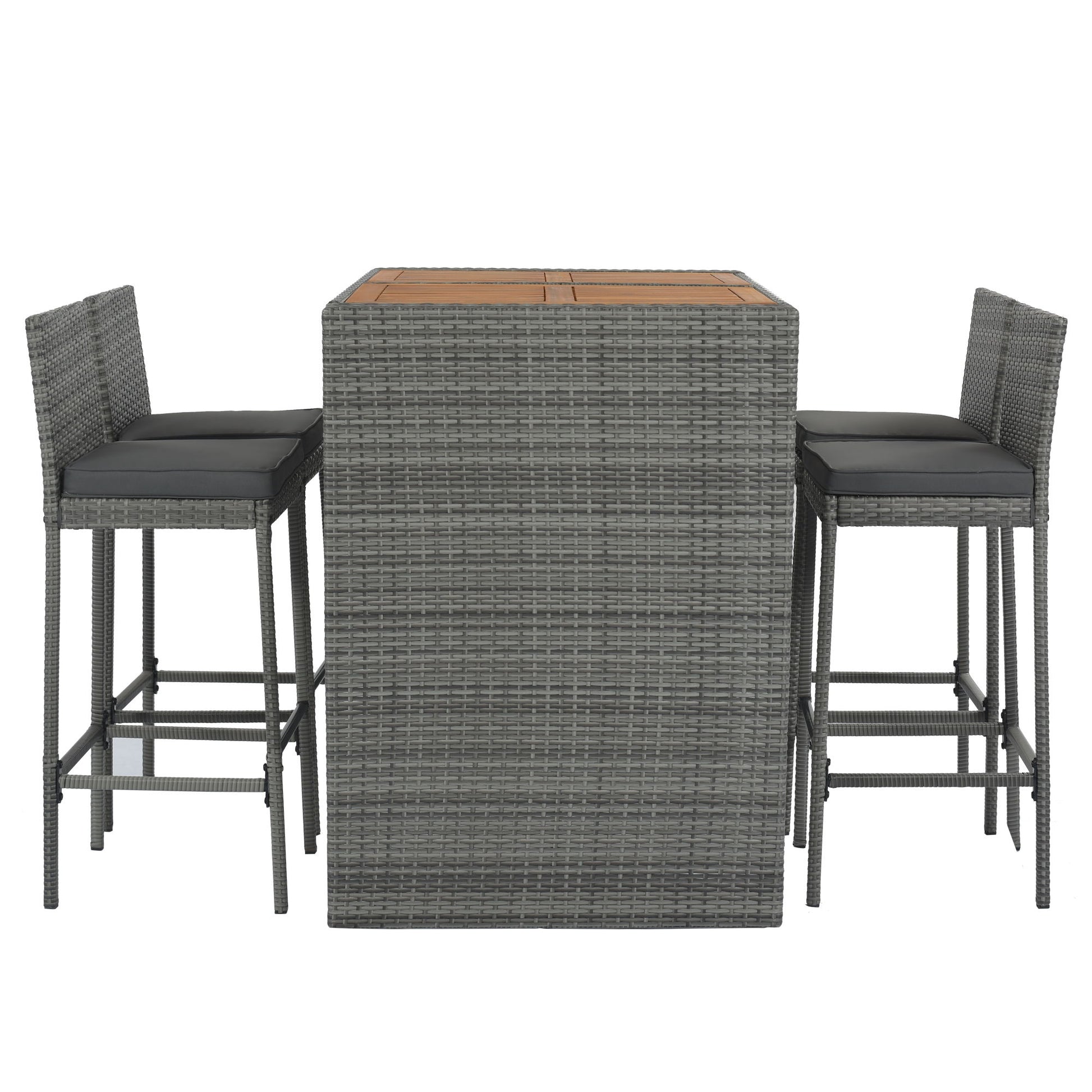 5 Pieces Outdoor Patio Wicker Bar Set, Bar Height Chairs With Non-Slip Feet And Fixed Rope, Removable Cushion, Acacia Wood Table Top - Brown / Gray - Best Buy Furniture