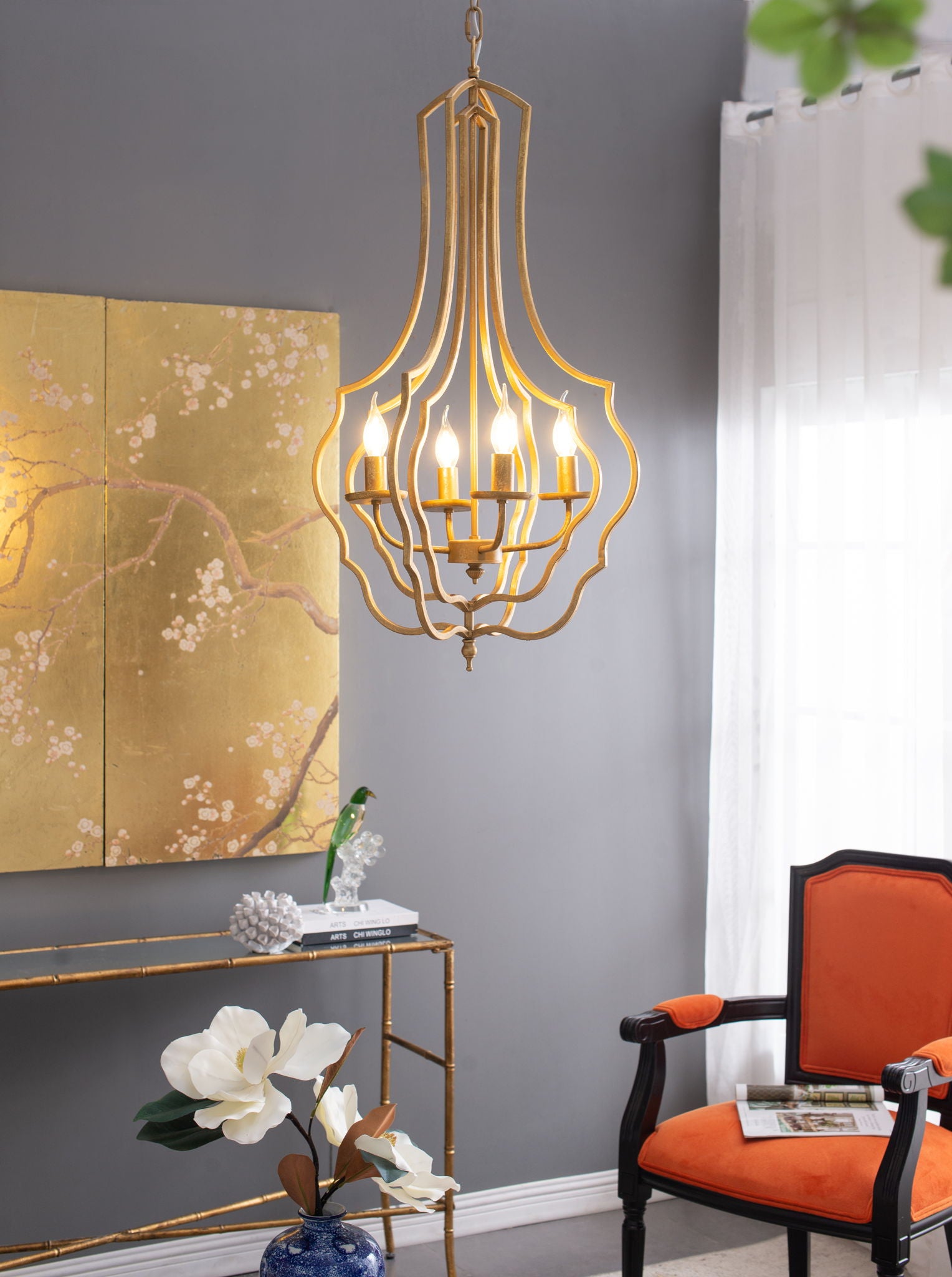 4 Light Chandelier, Hanging Light Fixture With Adjustable Chain For Kitchen, Bulb Not Included - Gold - Best Buy Furniture