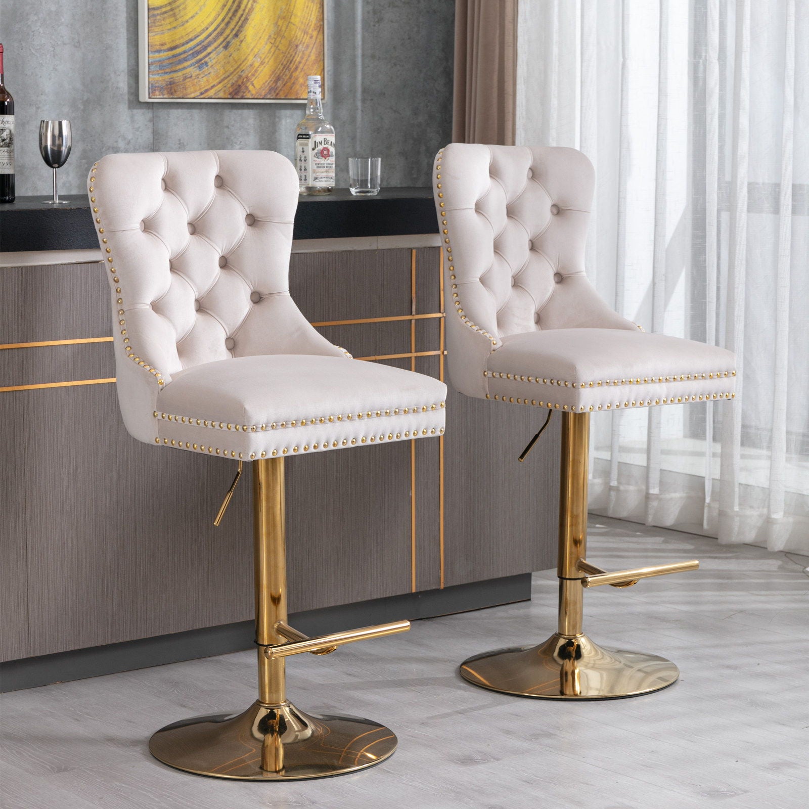 Thick Golden Swivel Velvet Barstools Adjusatble Seat Height From 25-33", Modern Upholstered Bar Stools With Backs Comfortable Tufted For Home Pub And Kitchen Island (Set of 2) - Best Buy Furniture