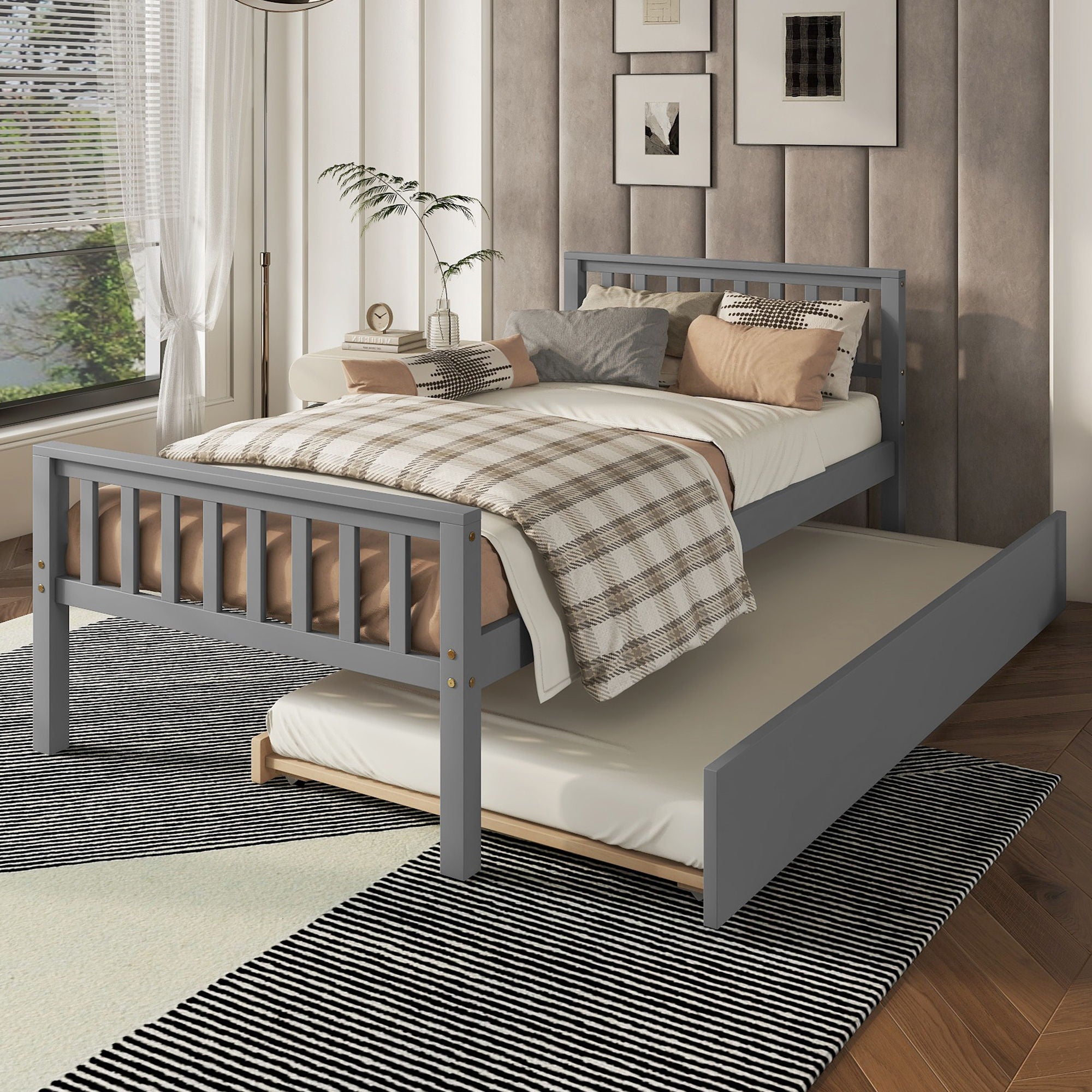 Twin Bed With Trundle, Platform Bed Frame With Headboard And Footboard, For Bedroom Small Living Space, No Box Spring Needed - Best Buy Furniture