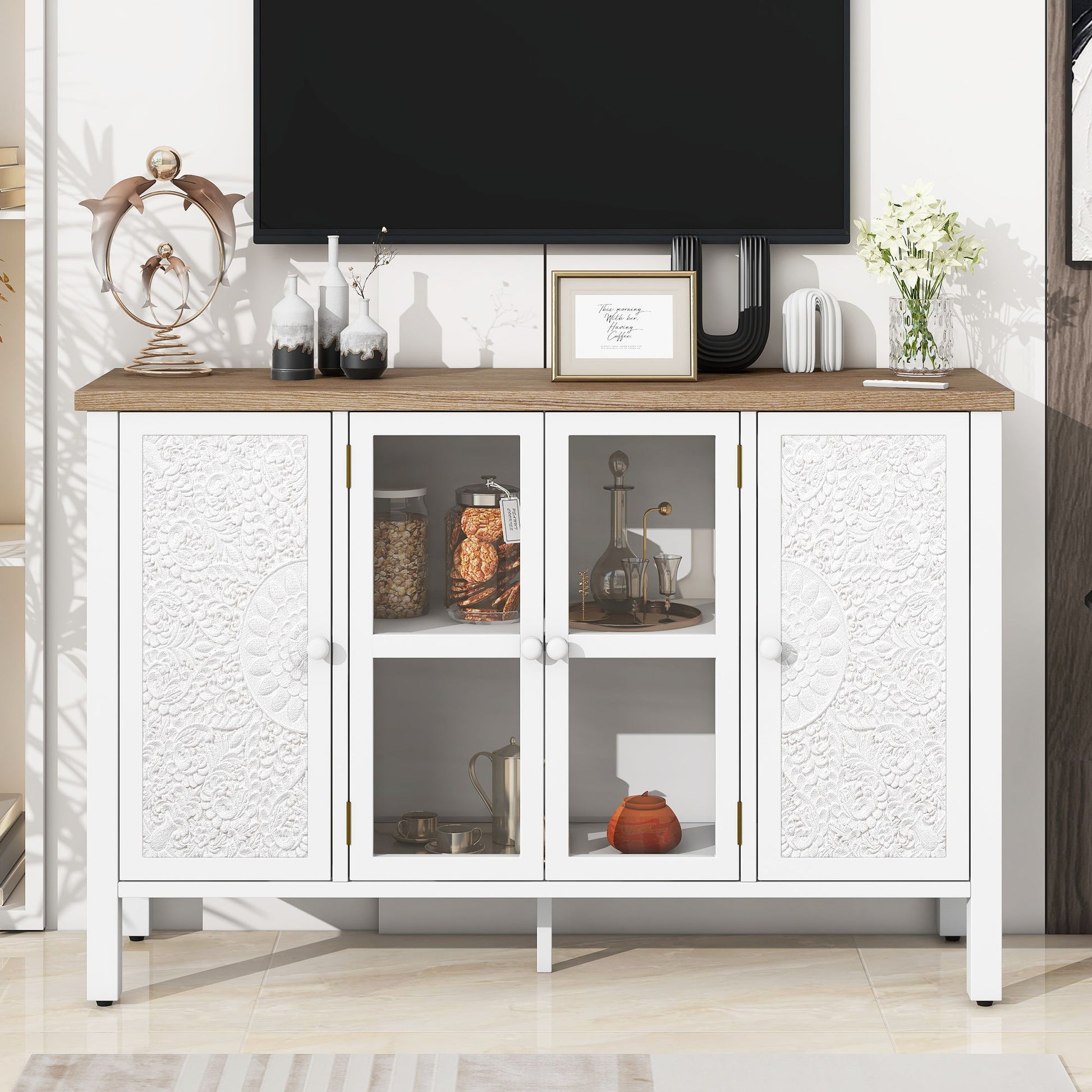 Retro TV Stand With 3 Spacious Cabinets, Glass Cabinet Doors And Anti-Tip Device - Best Buy Furniture