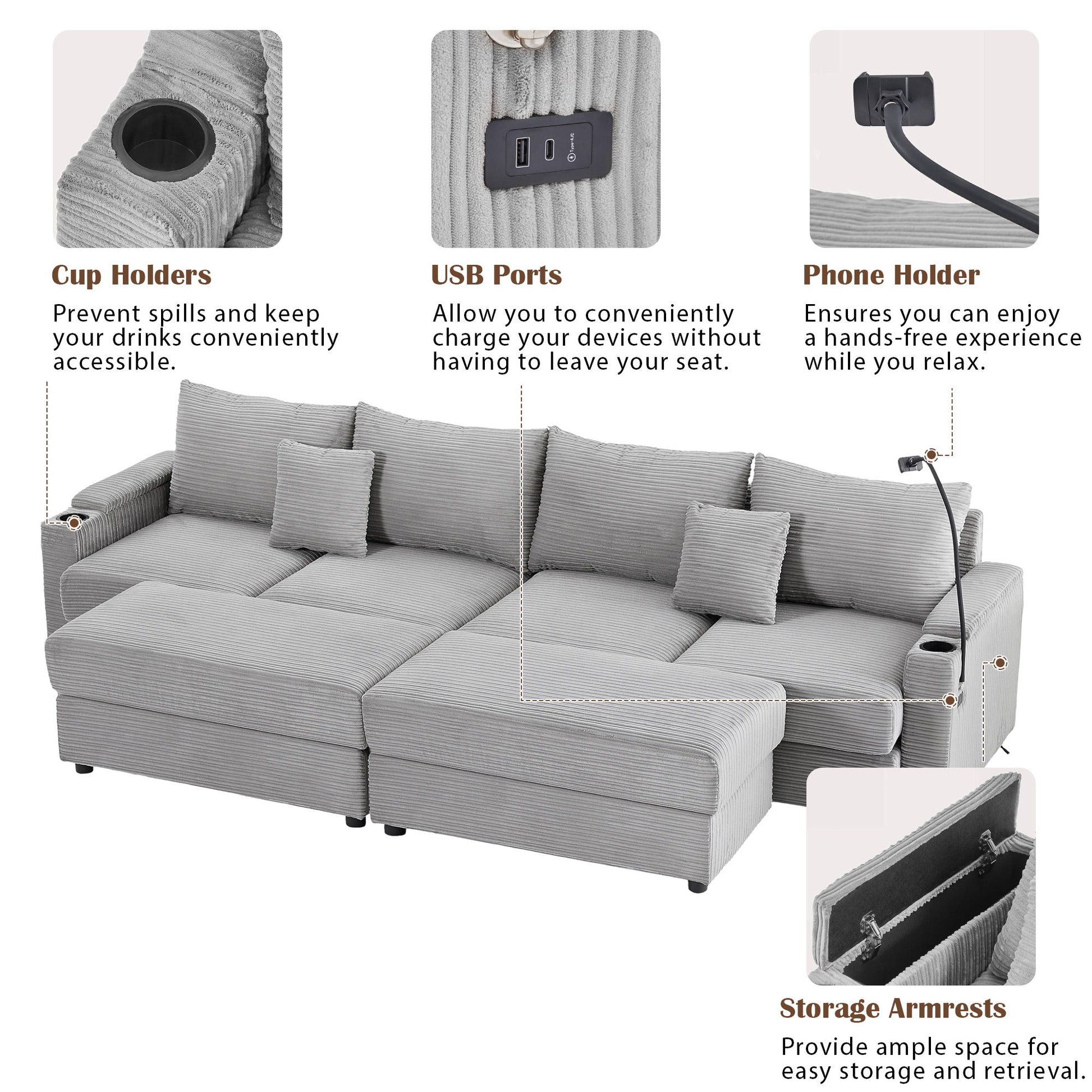 Modern Style Loveseat Sofa Sectional Sofa Couch With Storage Space, A Movable Ottoman, Two USB Ports, Two Cup Holders, A Phone Holder For Living Room - Best Buy Furniture