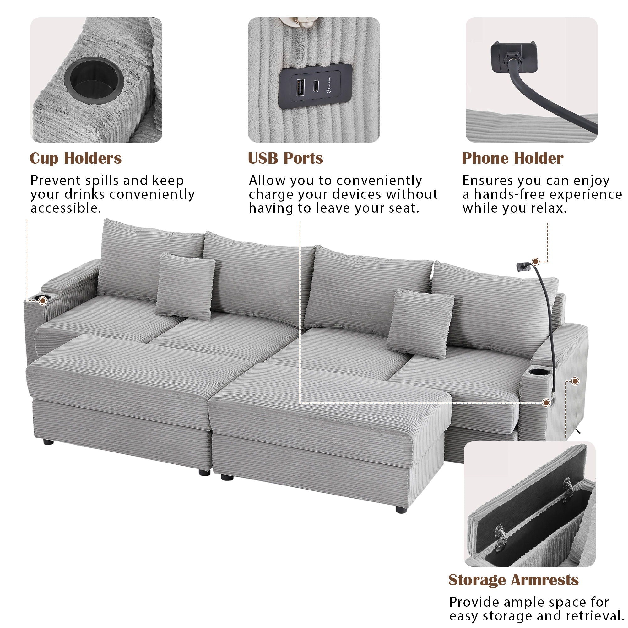 Modern Style Loveseat Sofa Sectional Sofa Couch With Storage Space, A Movable Ottoman, Two USB Ports, Two Cup Holders, A Phone Holder For Living Room - Best Buy Furniture