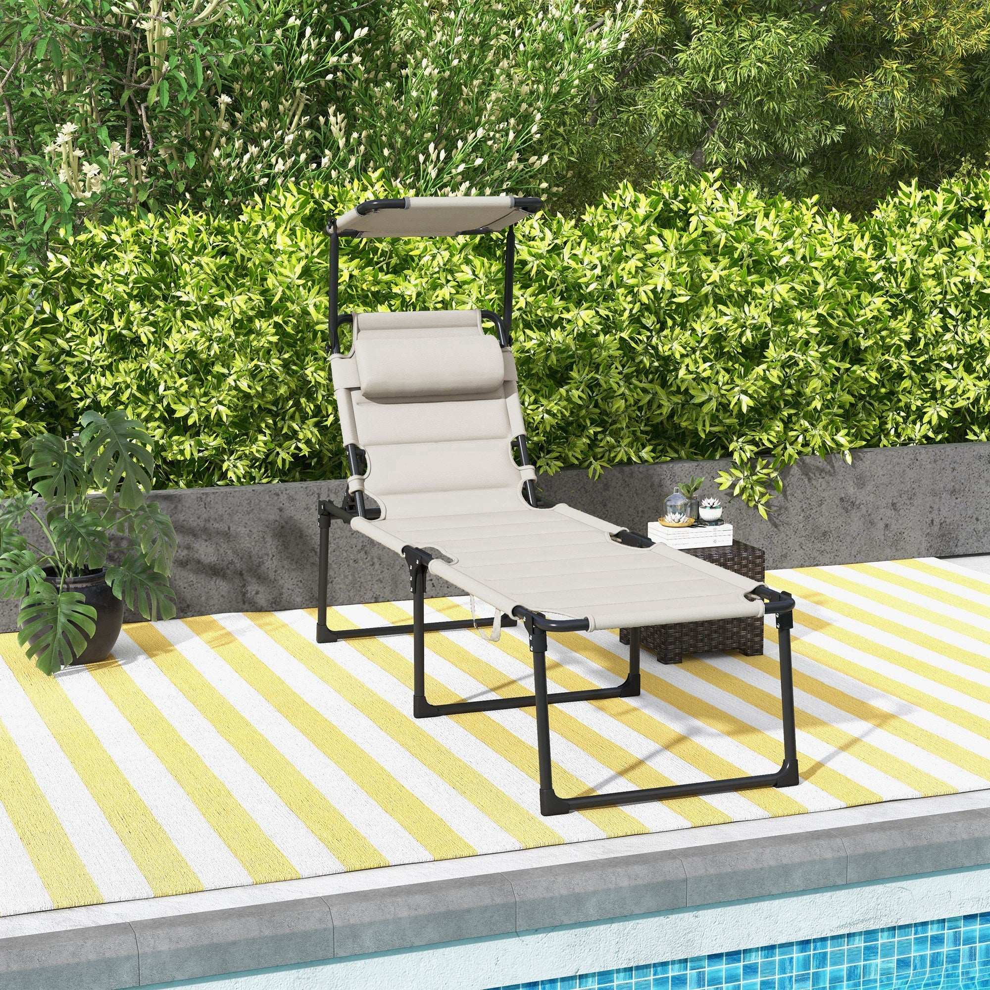 Adjustable Outdoor Lounge Chair, Cream White, with Sunshade & Pillow - Best Buy Furniture