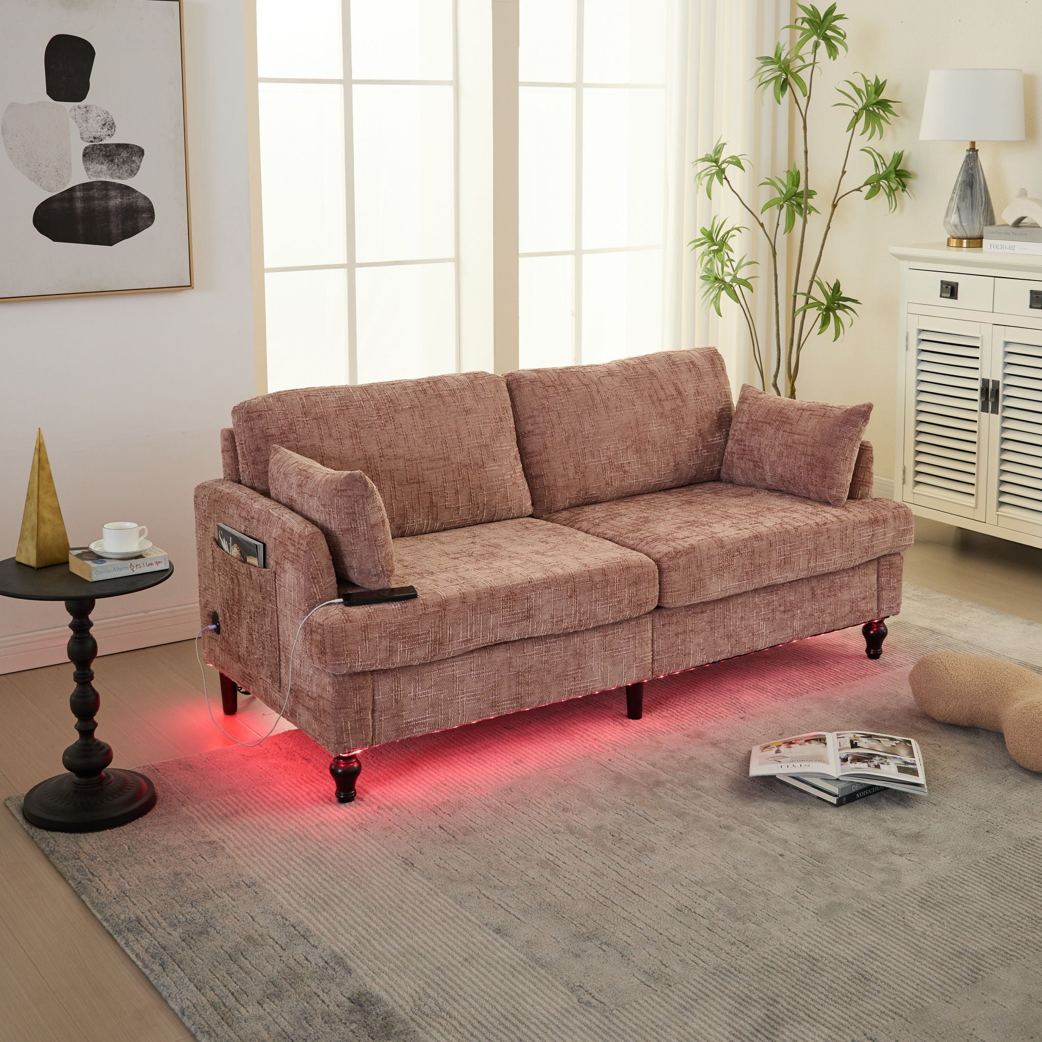 Chenille 2 Seater Sofa With LED Light, USB Charging Port, And Storage Bag - Best Buy Furniture