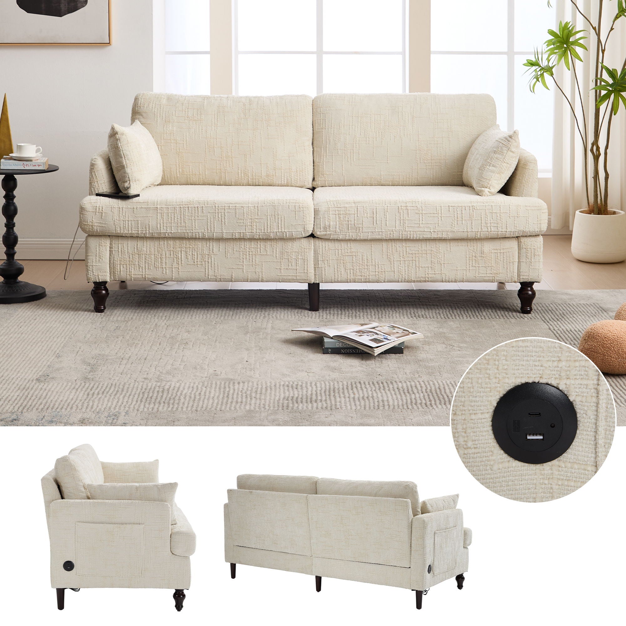 Chenille 2 Seater Sofa With LED Light, USB Charging Port, And Storage Bag - Best Buy Furniture