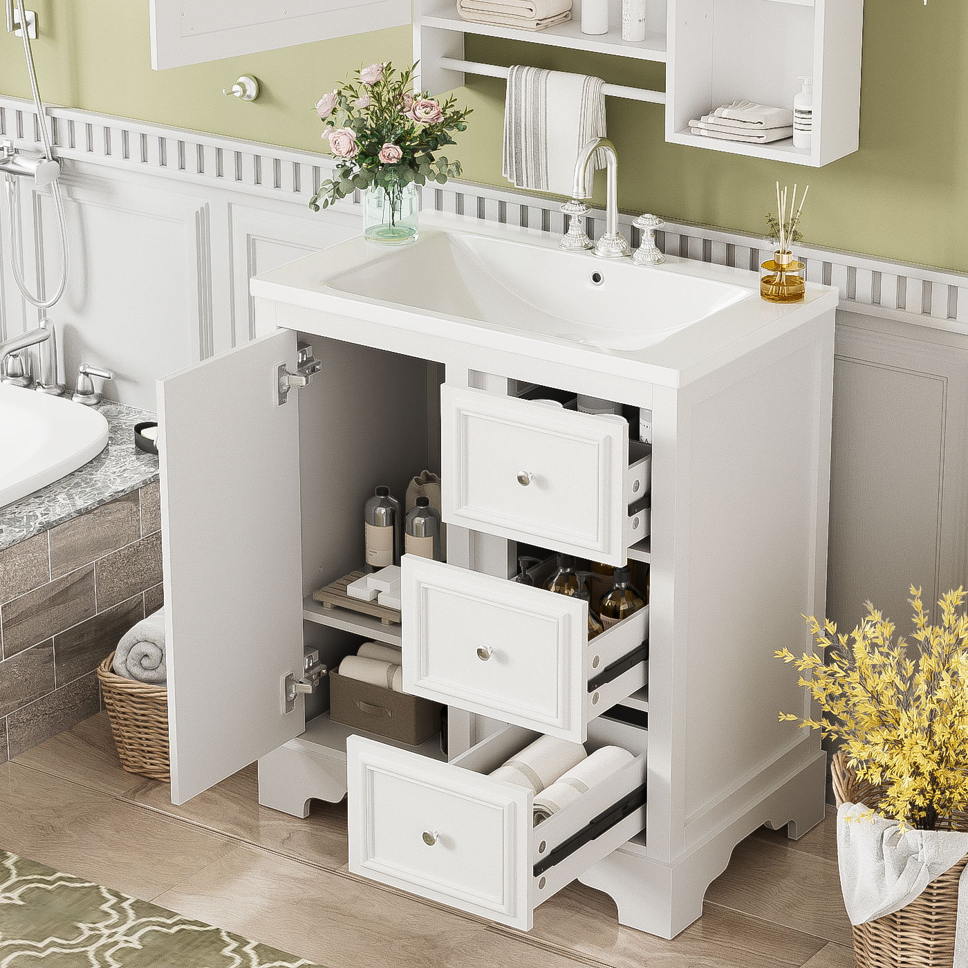 Bathroom Vanity Cabinet With Ceramic Basin, 3 Drawers And Adjustable Shelves - Best Buy Furniture