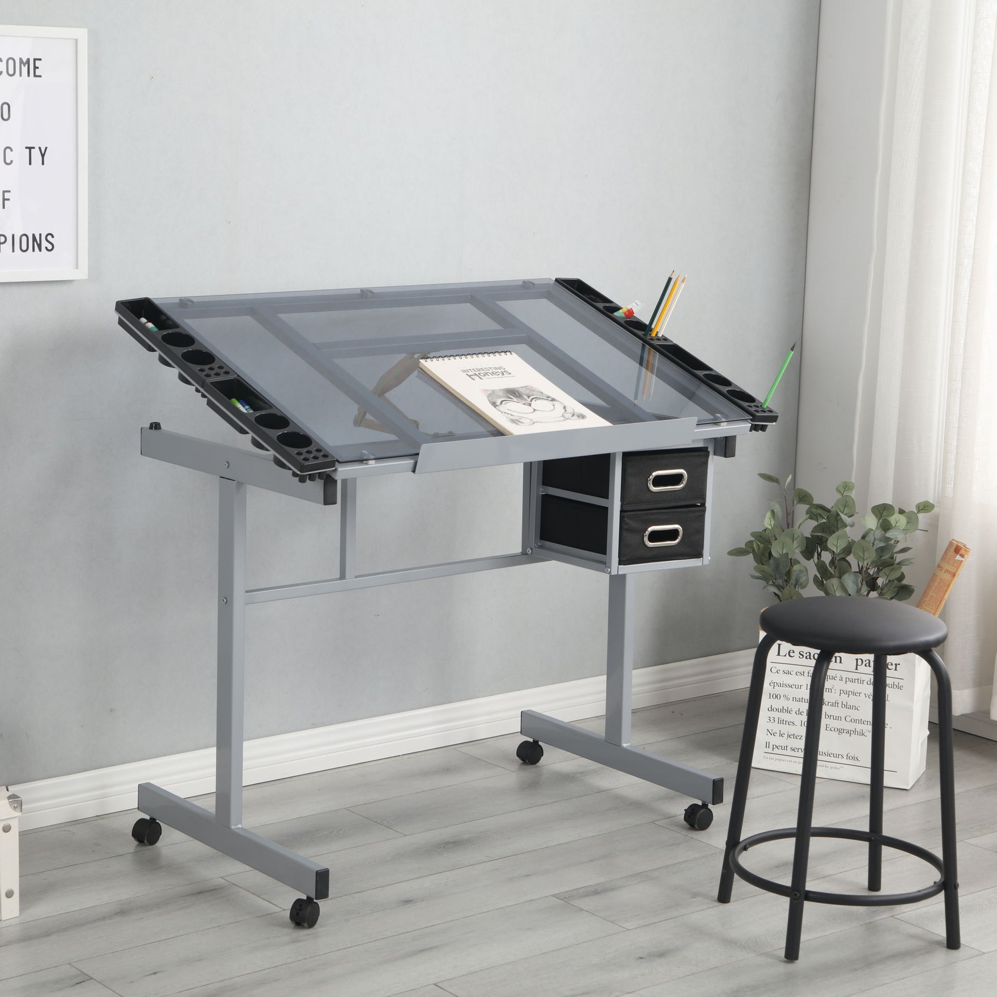 Adjustable Art Drawing Desk Craft Station Drafting With 2 Non-Woven Fabric Slide Drawers And 4 Wheels - Silver - Best Buy Furniture