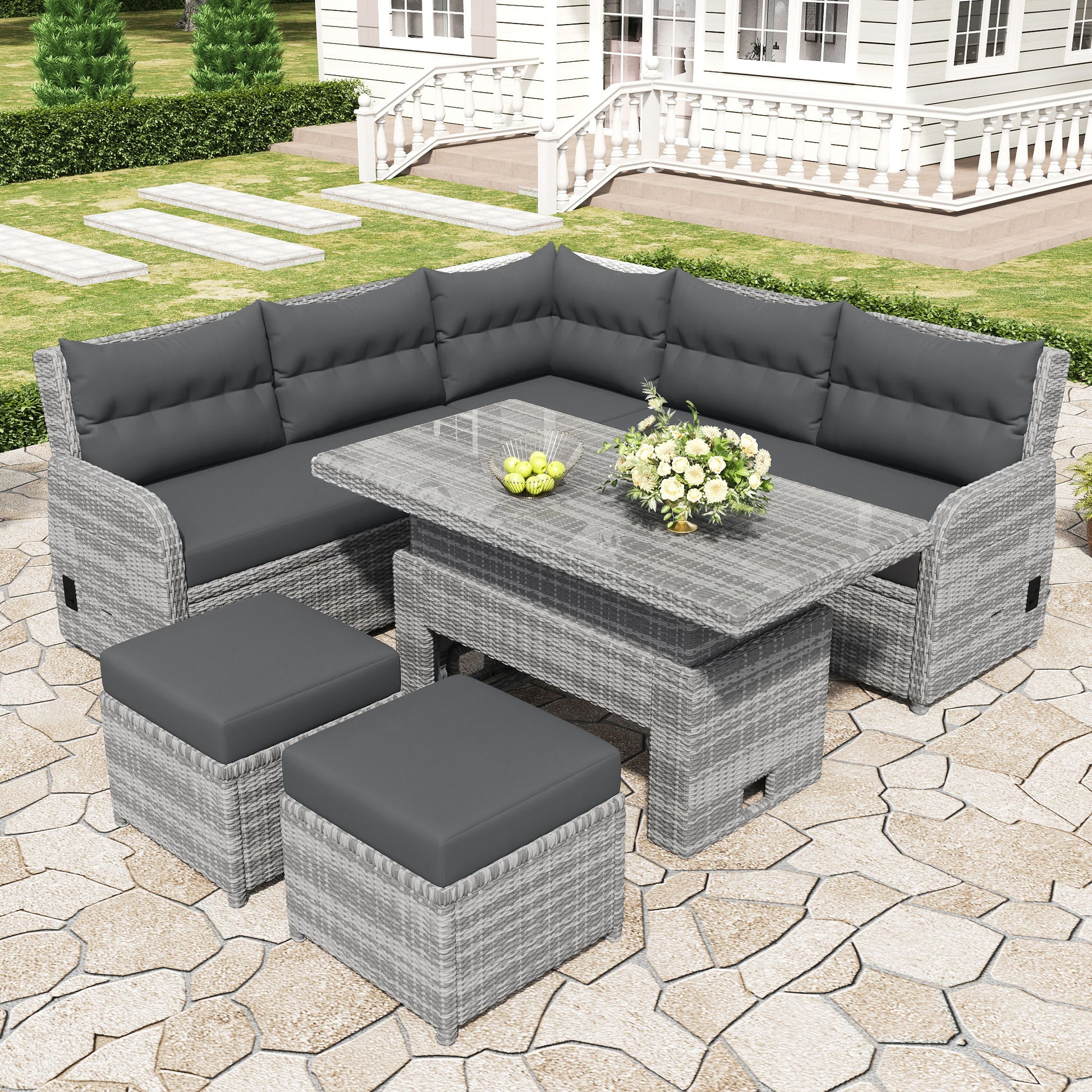Outdoor Furniture Set Patio Rattan Furniture Set With Adjustable Table, Recliners With Extendable Side Tables And 2 Ottomans - Best Buy Furniture