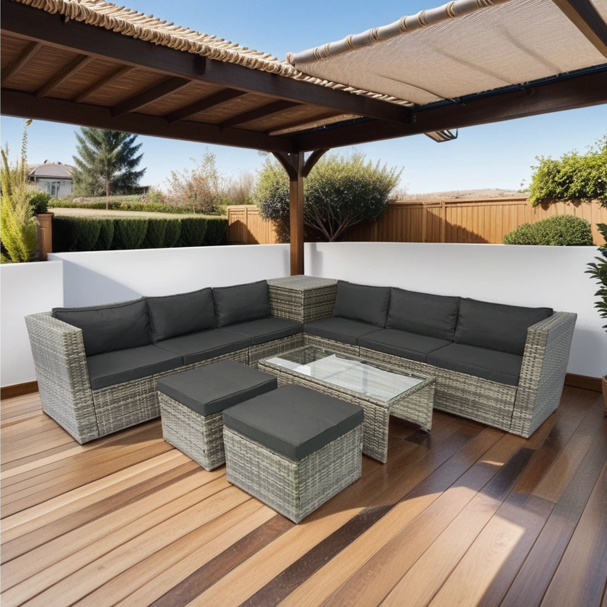 8 Piece Patio Sectional Wicker Rattan Outdoor Furniture Sof Set With One Storage Box Under Seat And Cushion Box - Gray / Black - Best Buy Furniture