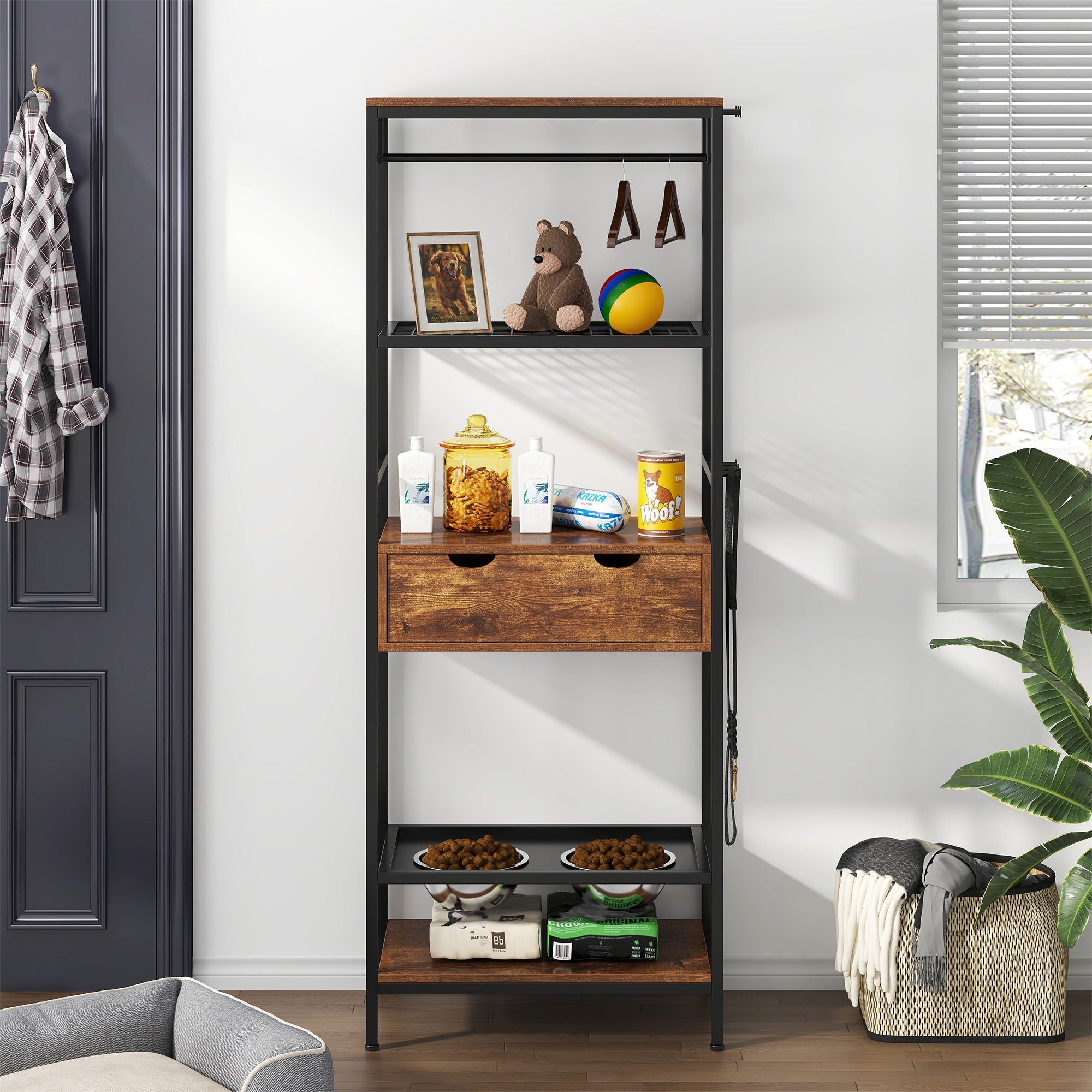 Dog Feeding Station, 3 Height Adjustable Raised Dog Bowls, Dog Feeder Station For Large Medium Dogs Cats, Dog Storage With Shelves - Black / Dark Brown - Best Buy Furniture