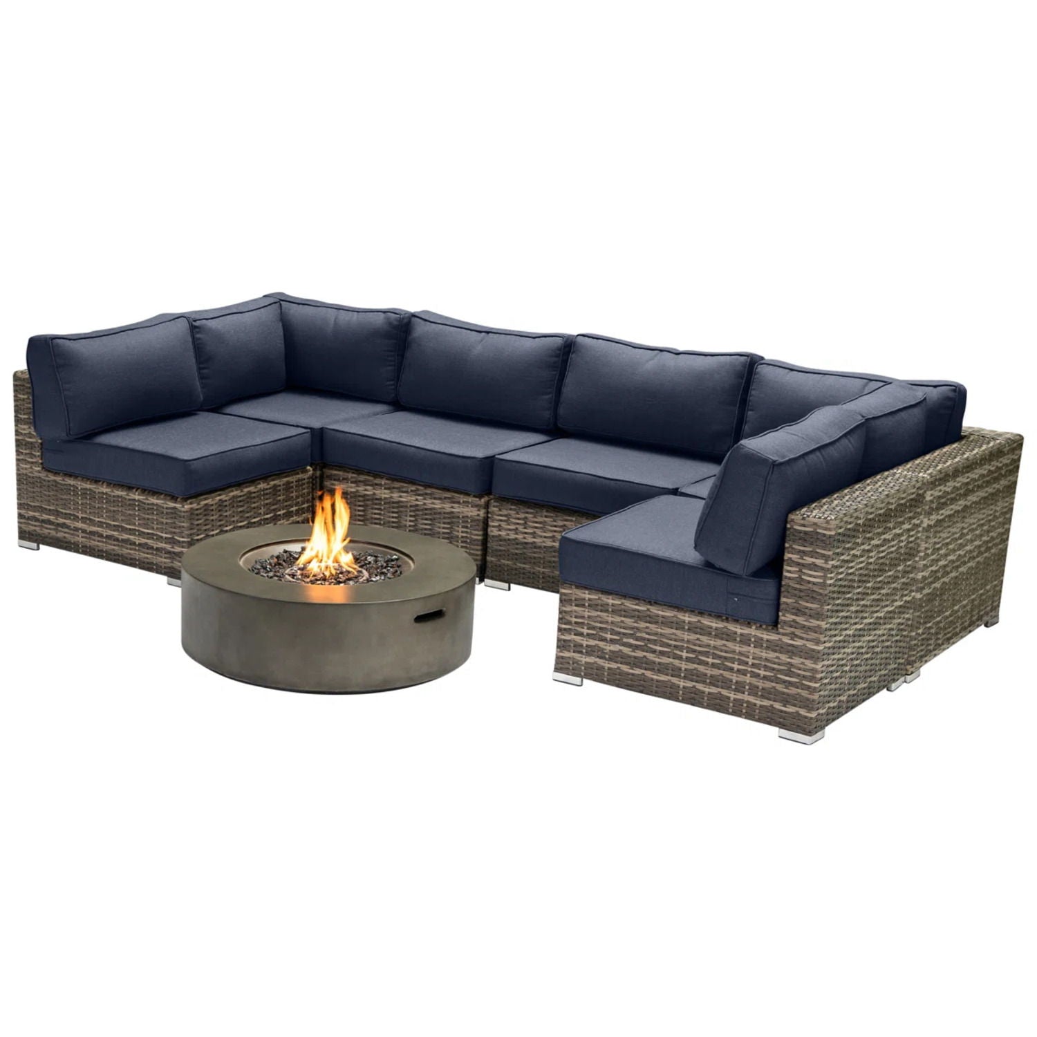 Outdoor 7 Piece Sectional Seating Group With Cushions And Fire Pit - Gray / Navy - Best Buy Furniture