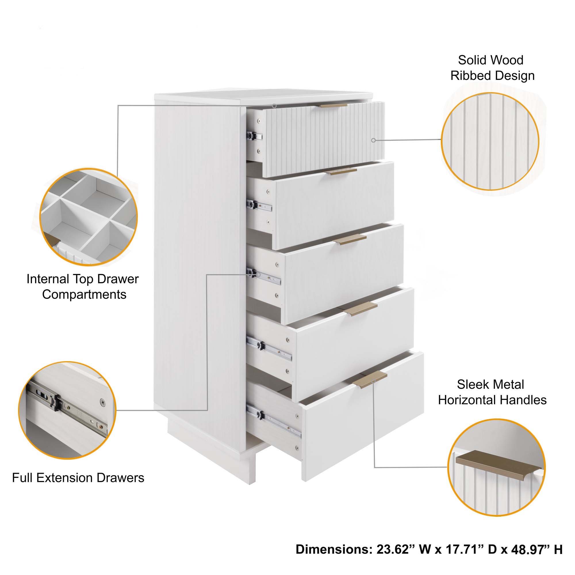 Granville - Tall Narrow Dresser With 5 Full Extension Drawers - White