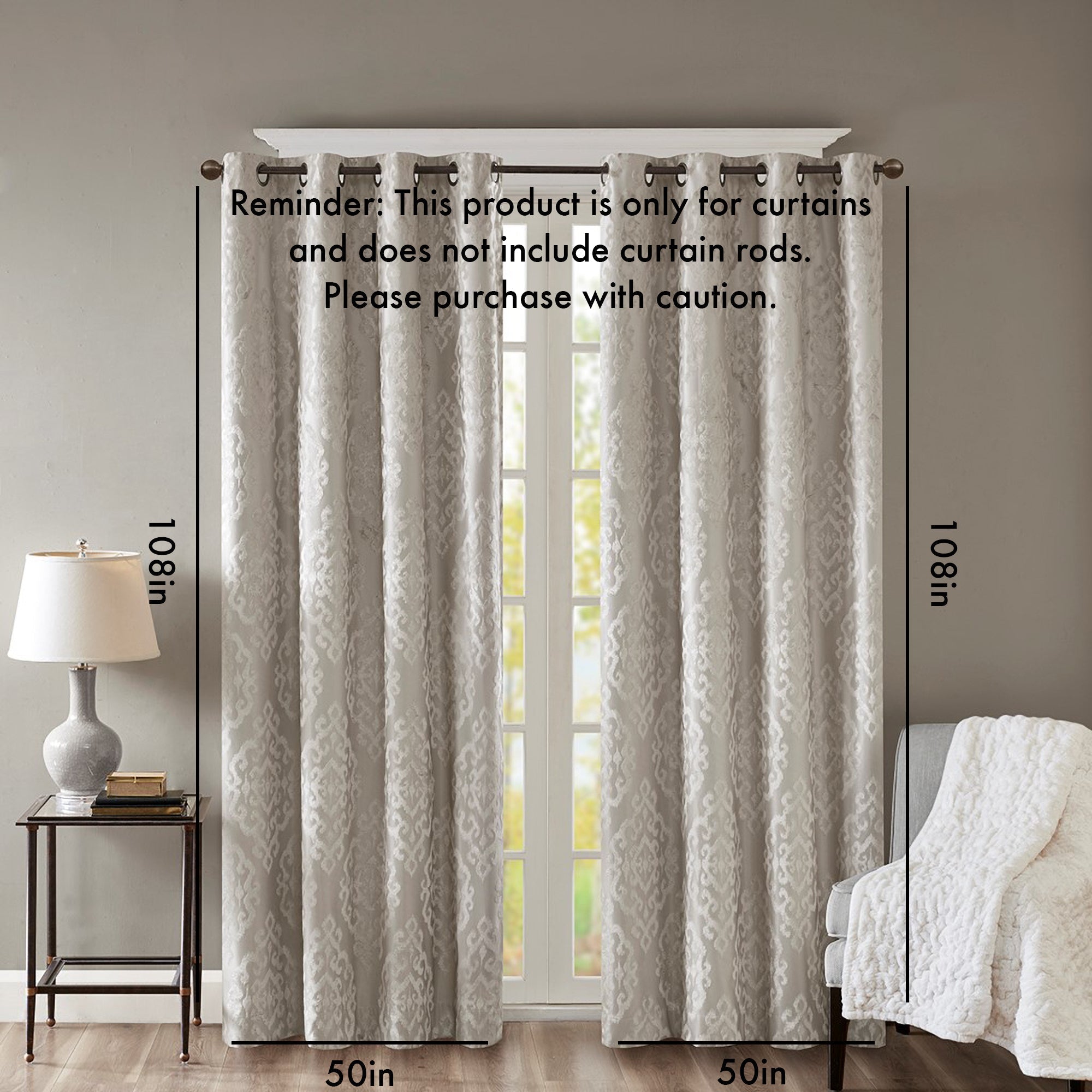 Knitted jacquard damask total blackout grommet top curtain panel (only 1 pc panel)