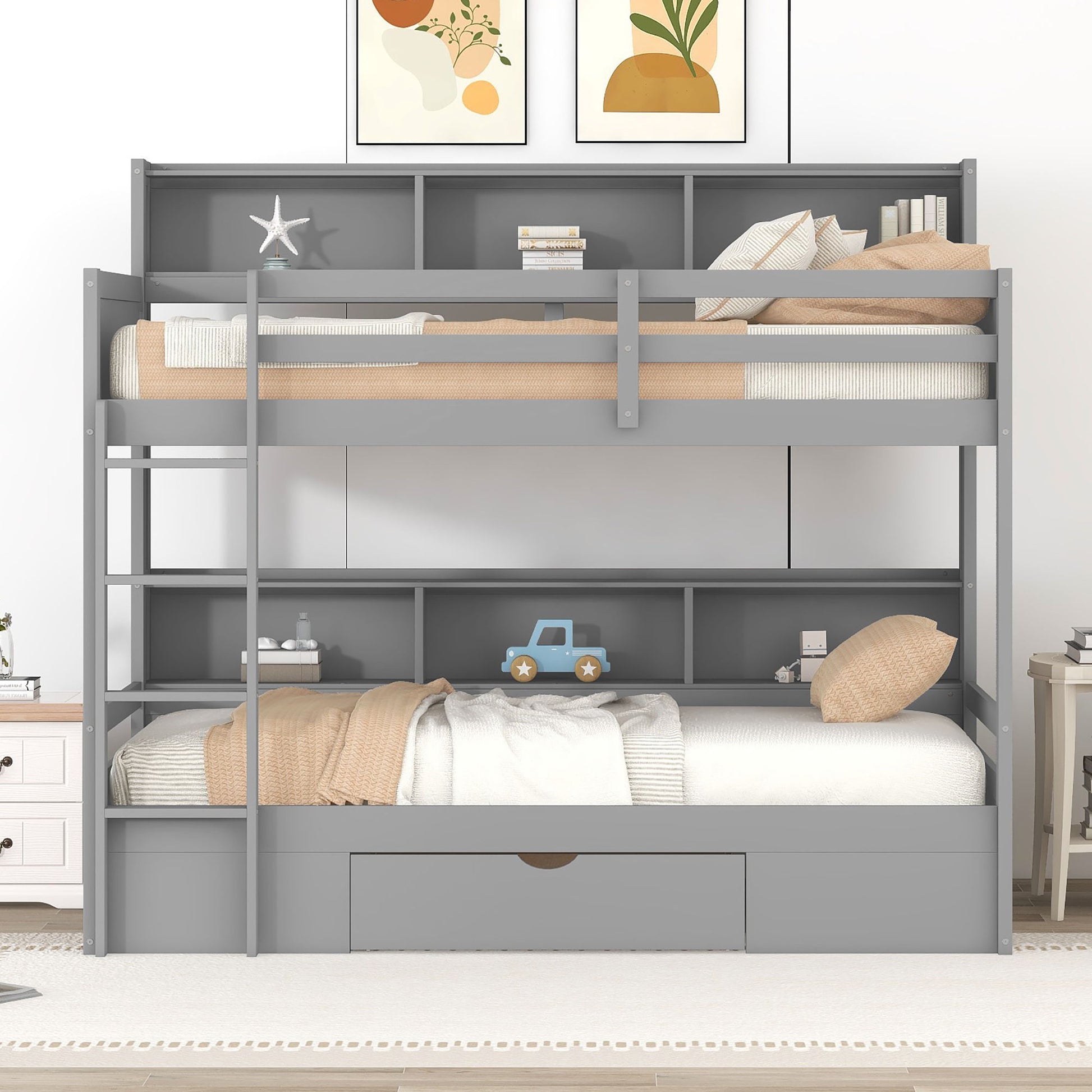 Twin Size Bunk Bed With Built-In Shelves Beside Both Upper And Down Bed And Storage Drawer - Best Buy Furniture