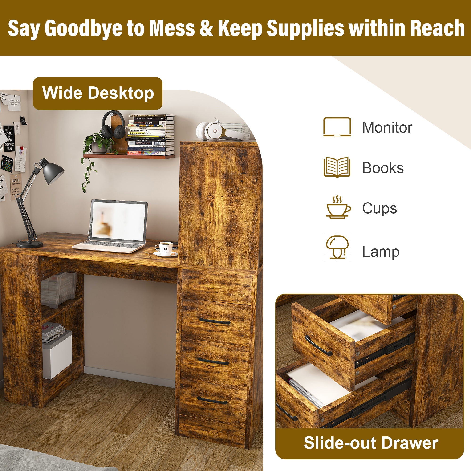 Computer Desk With 4 In 1 Socket & 3 Drawers, 4 Tier Shelves