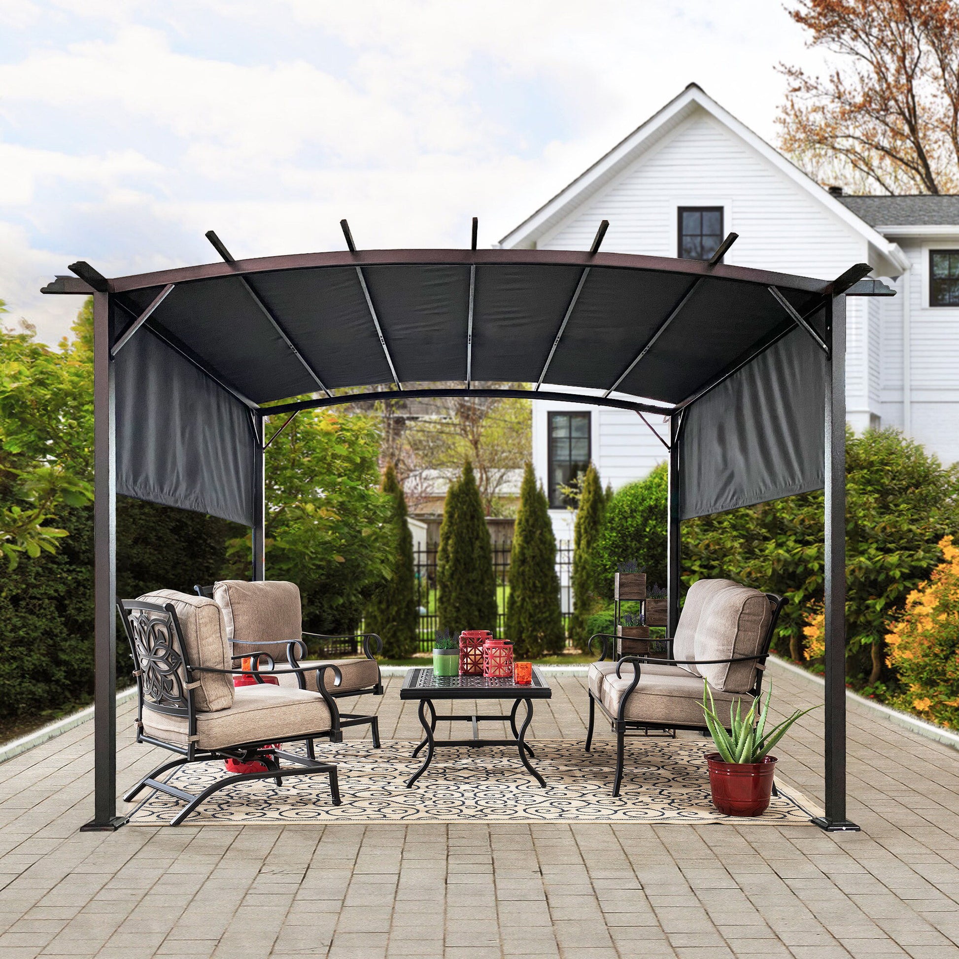 Outdoor Patio Pergola Gazebo - Steel Frame Sun Shelter With Retractable Canopy - Best Buy Furniture