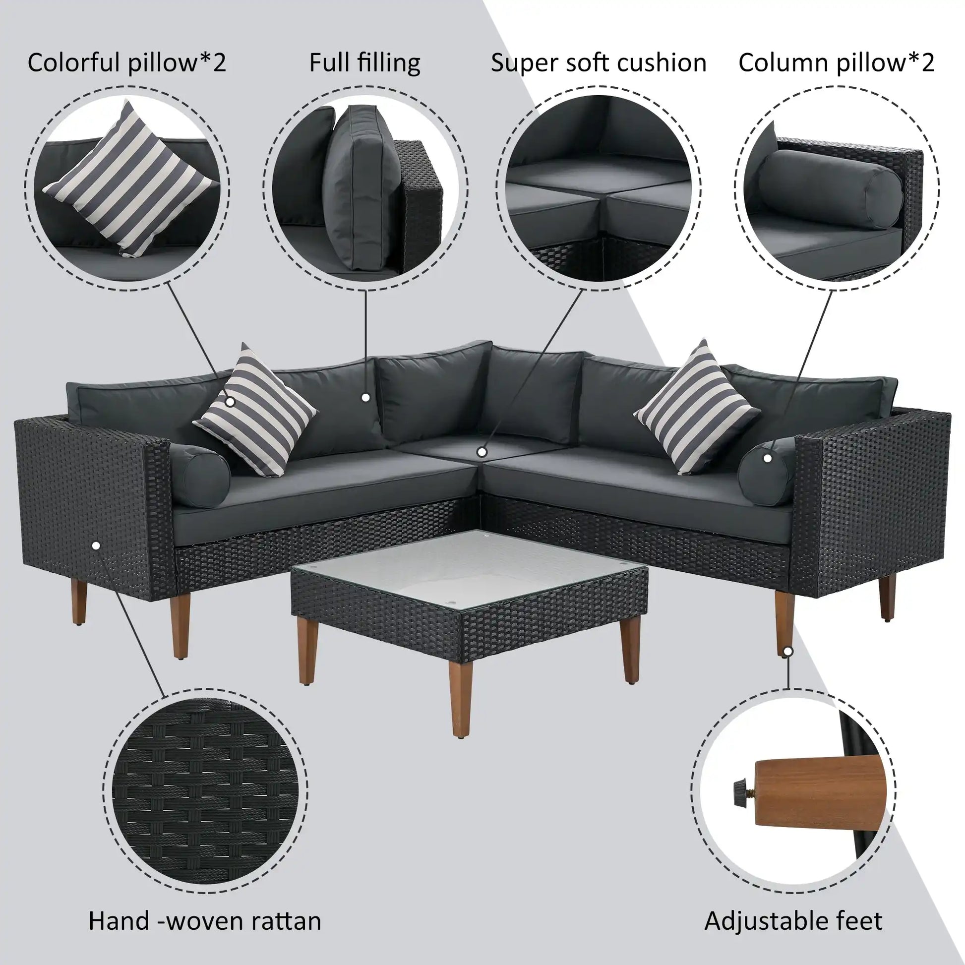 4 Piece L-Shaped Wicker Sofa Set, Outdoor Patio Furniture, Gray and Black - Best Buy Furniture