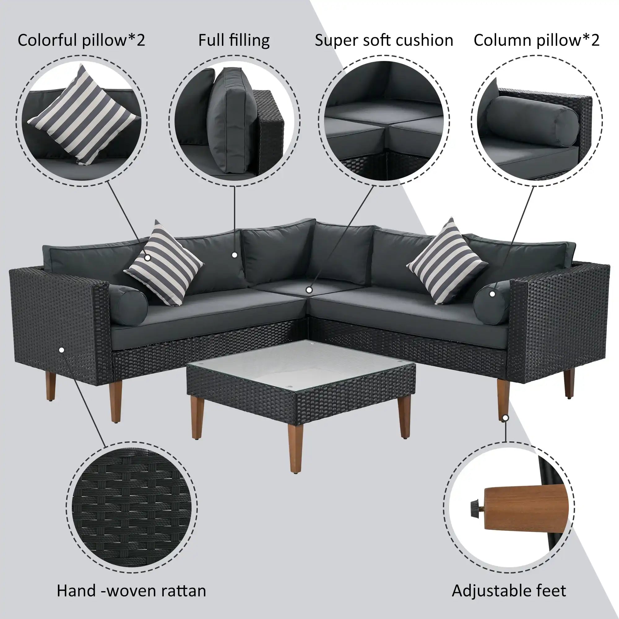 4 Piece L-Shaped Wicker Sofa Set, Outdoor Patio Furniture, Gray and Black - Best Buy Furniture