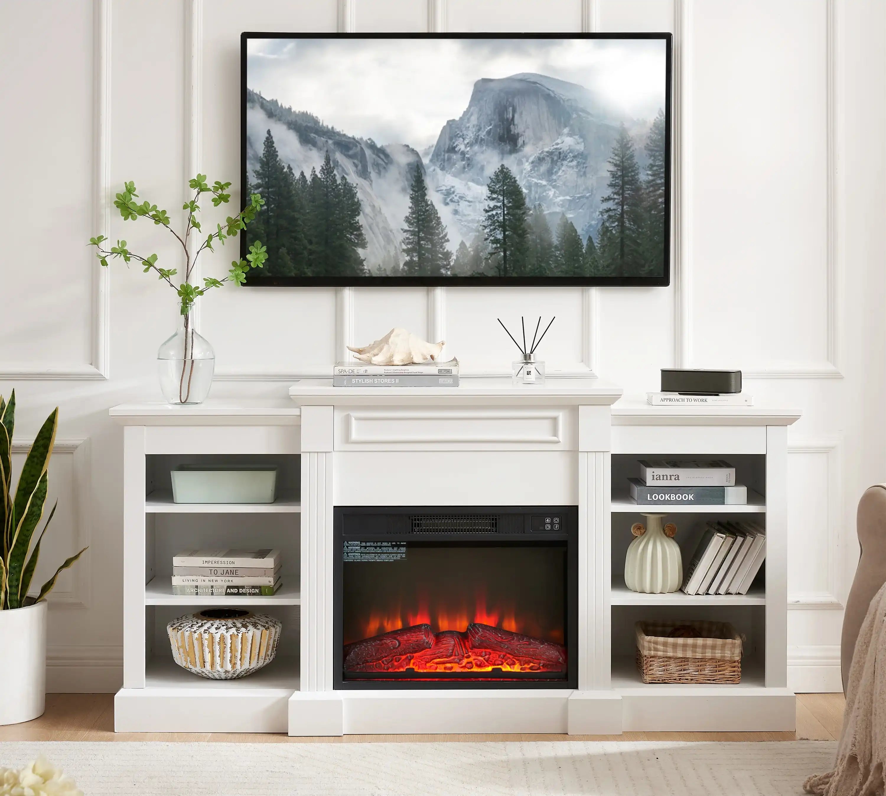 Modern White TV Media Console Table with Large Storage Cabinet, with 23' Fireplace Insert - Best Buy Furniture