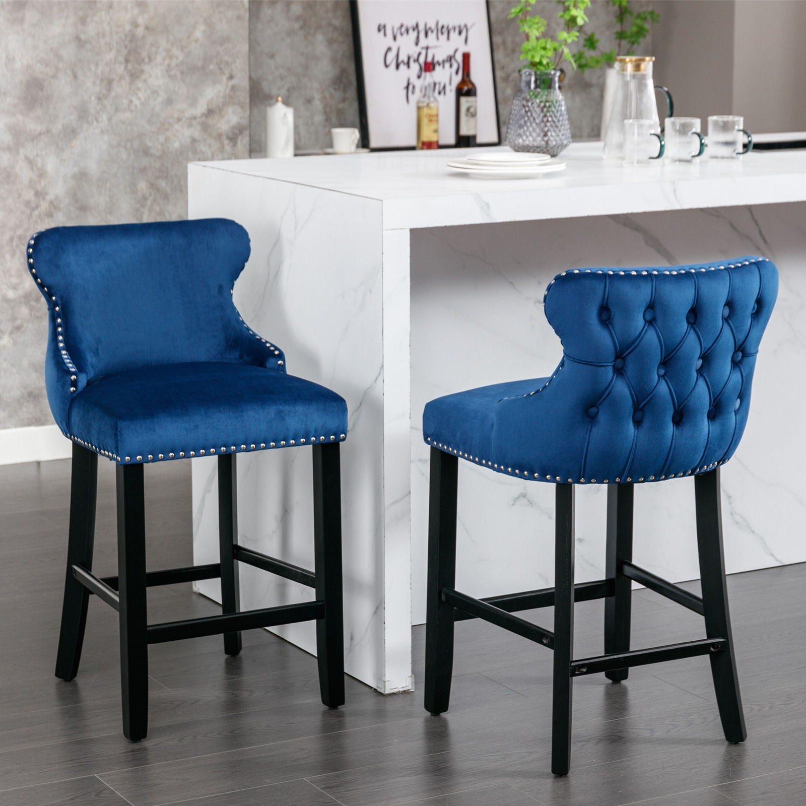Contemporary Velvet Upholstered Wing-Back Barstools With Button Tufted Decoration And Wooden Legs, And Chrome Nailhead Trim, Leisure Style Bar Chairs, Bar Stools (Set of 2) - Best Buy Furniture