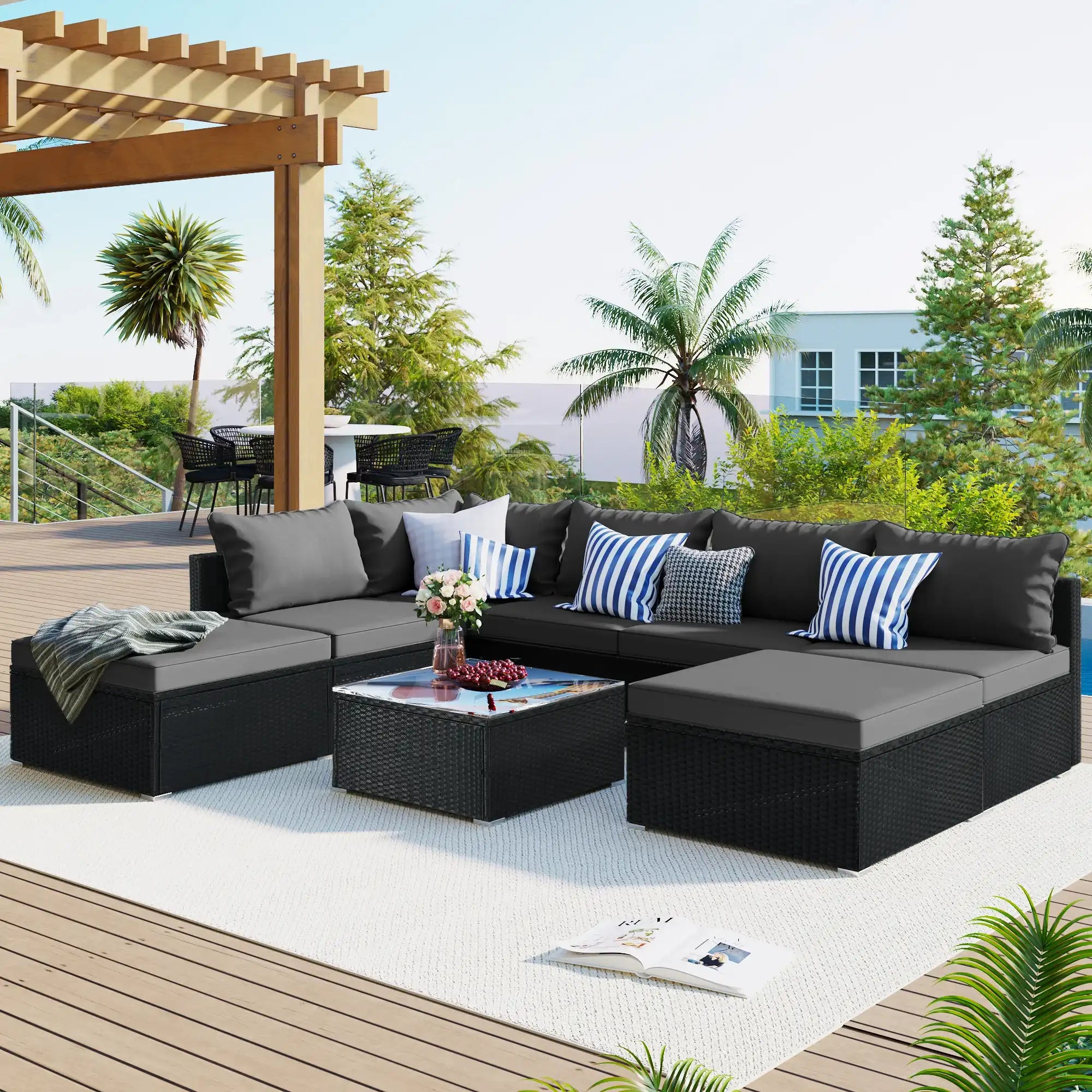 8 Piece Wicker Patio Sofa Set, Gray Cushions - Best Buy Furniture