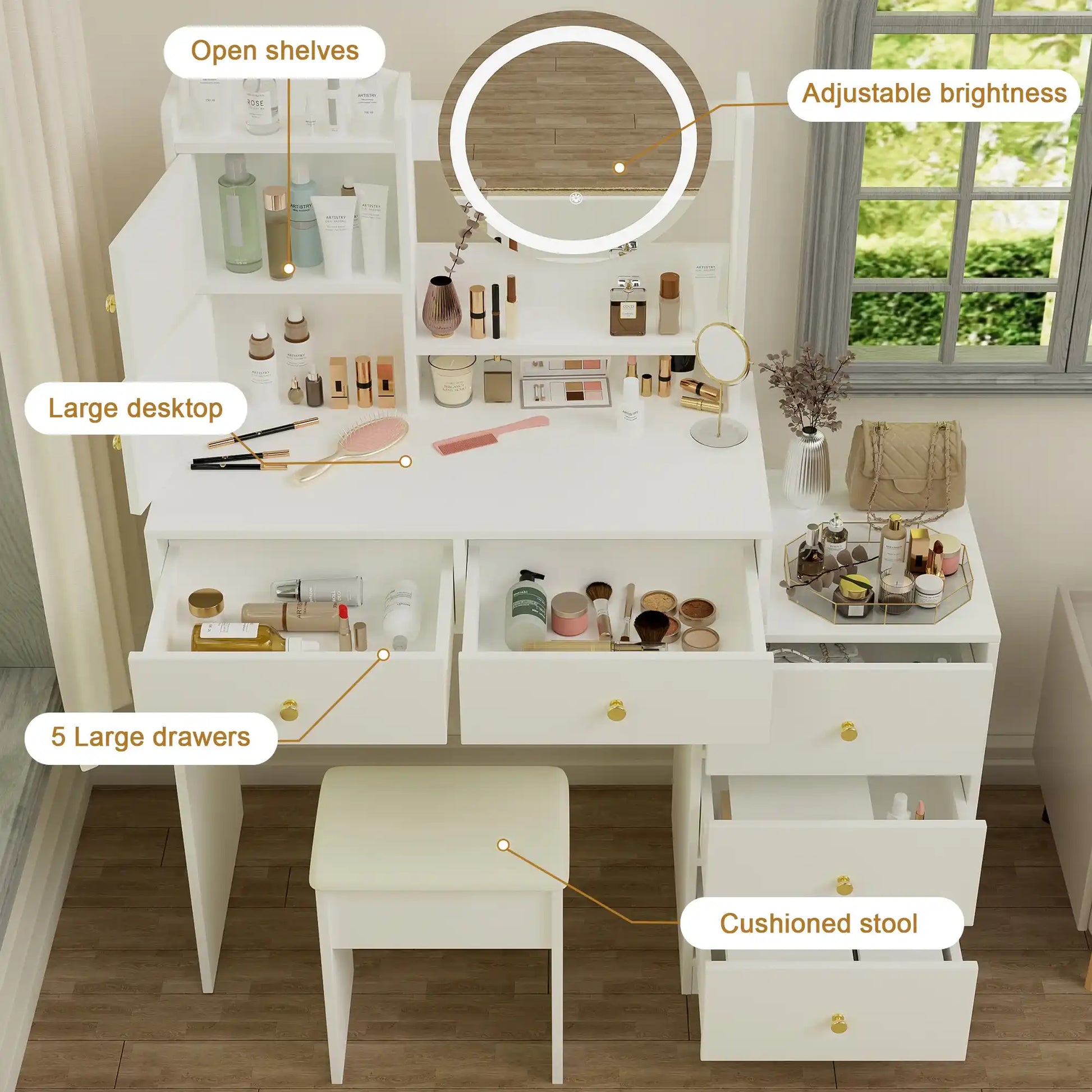 Vanity Desk Set with Mirror and Lights, White - Best Buy Furniture