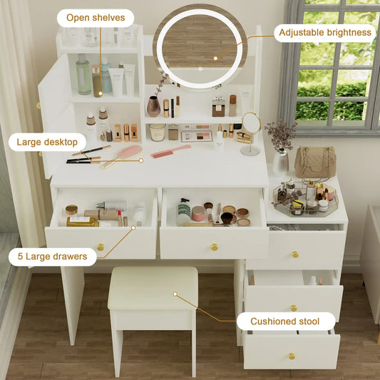 Vanity Desk Set with Mirror and Lights, White - Best Buy Furniture