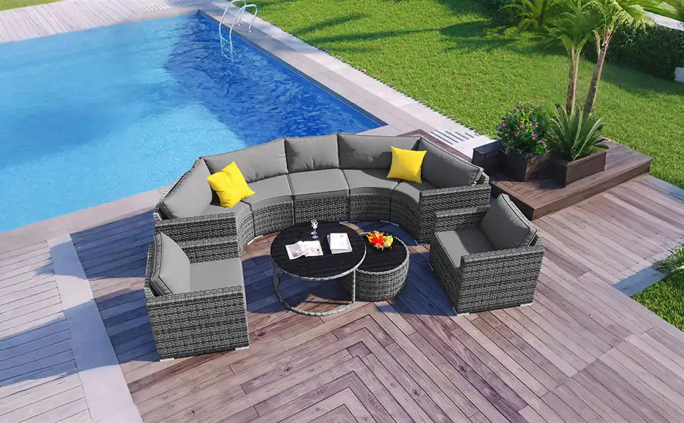 GO 9-Pieces Outdoor Half-moon Patio Sofa Set, Round Sofa Set, Modern Style Sofa, Gray Wicker - Best Buy Furniture