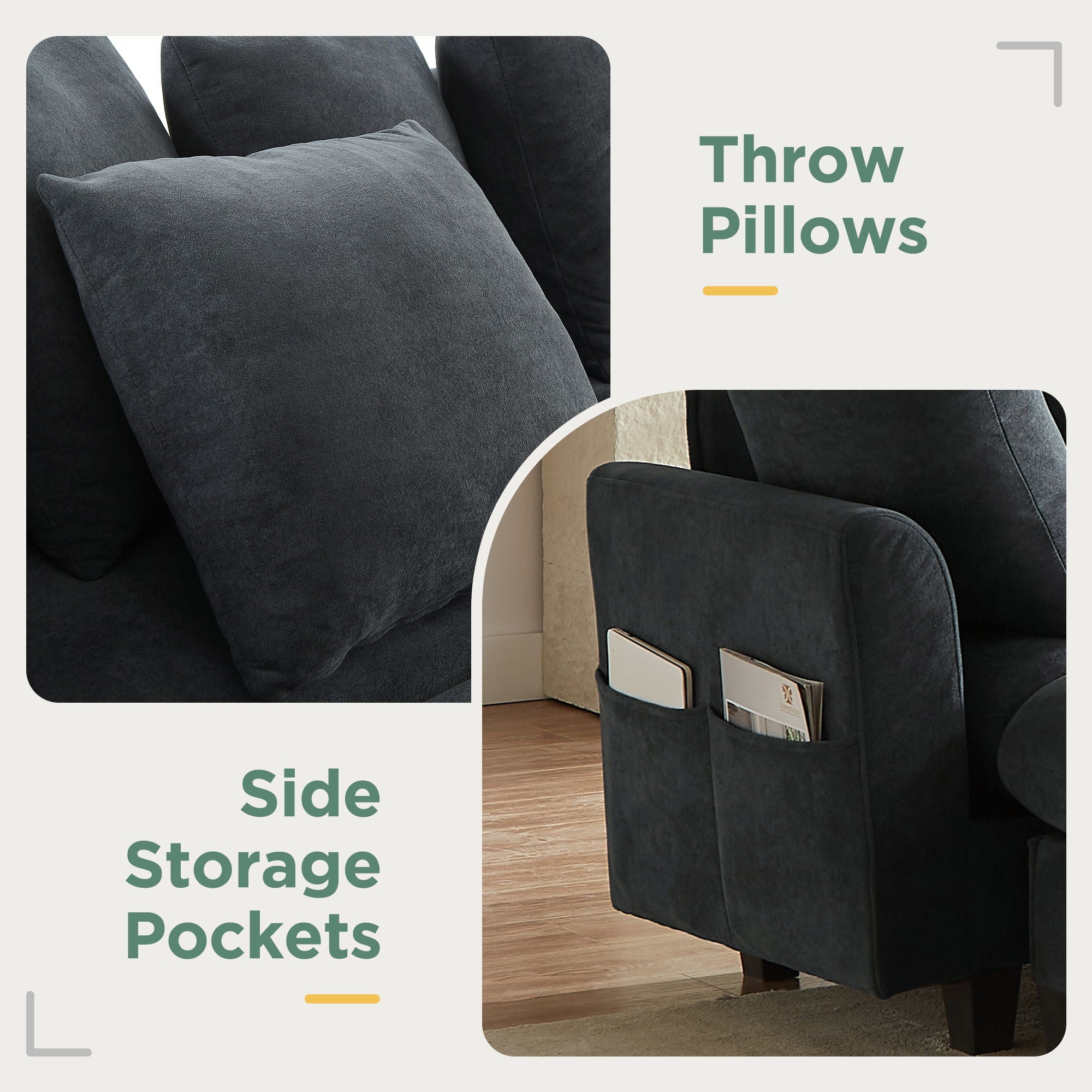 Upholstered L Shaped Sectional Sofa With Storage, Movable Ottoman, And 6 Throw Pillows - Best Buy Furniture